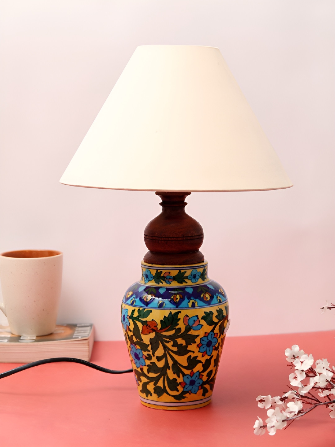 Unravel India Blue & White Printed Ceramic Abstract Shaped Table Lamp