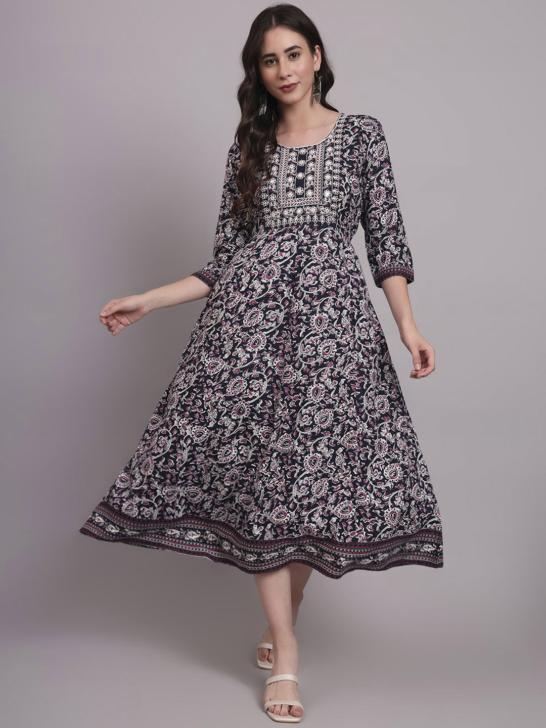 aayusika Printed & Embroidered Work Midi Dress