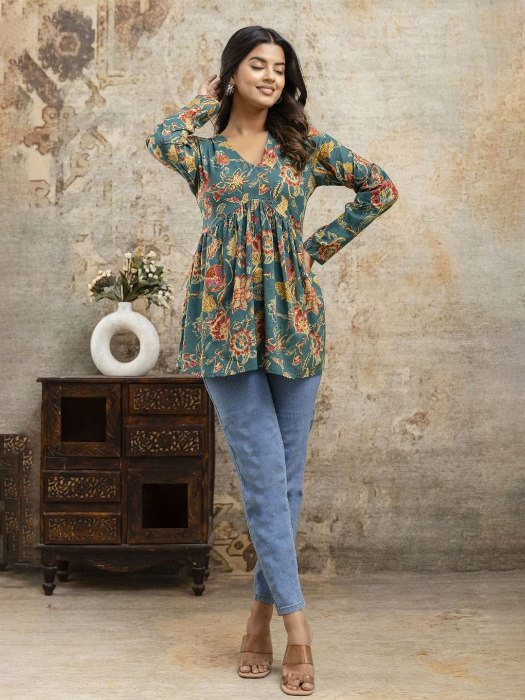 LABEL ADRIJA Women Floral Print V-Neck Long Sleeves Cotton Top