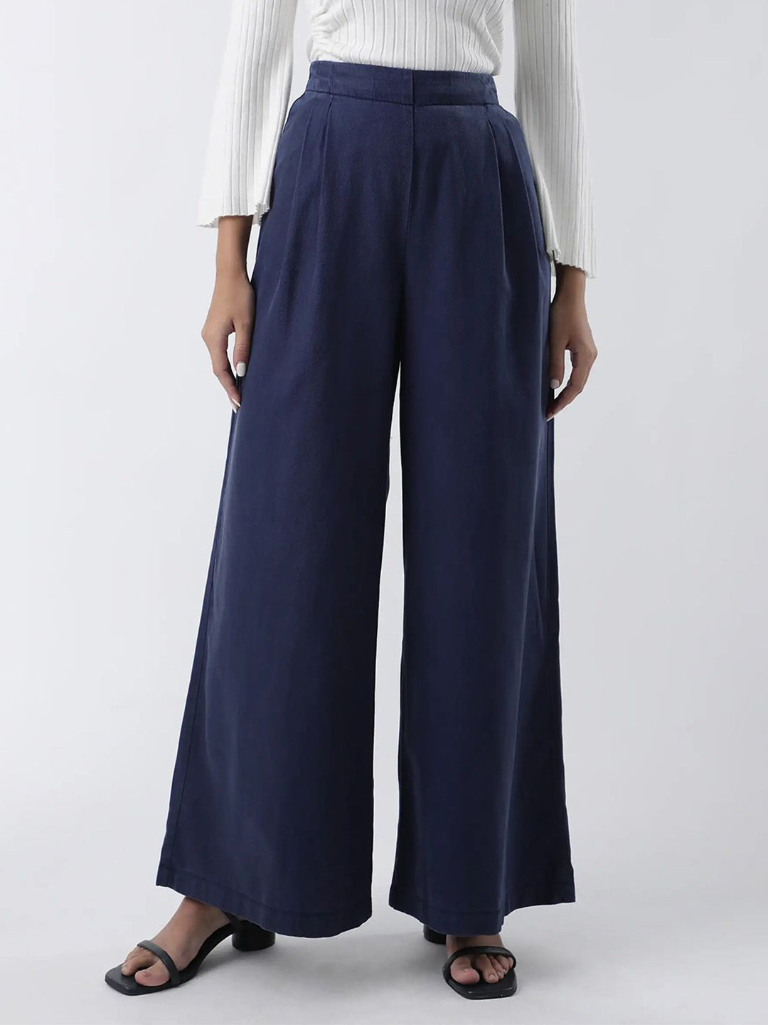 RAREISM Women Bhanella B Primary Navy Wide Leg Trousers