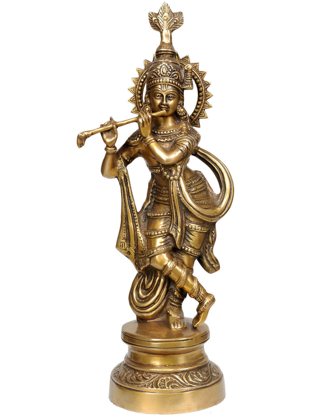 Exotic India Murli Krishna Gold Brass Metallic Prayer Room Tiny Showpiece - 16 Inches