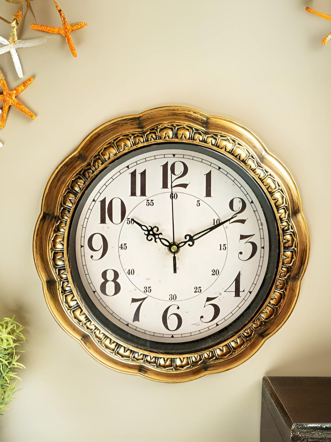 eazy wagon Flower Gold Plastic Large Display Floral Battery Analogue Wall Clock