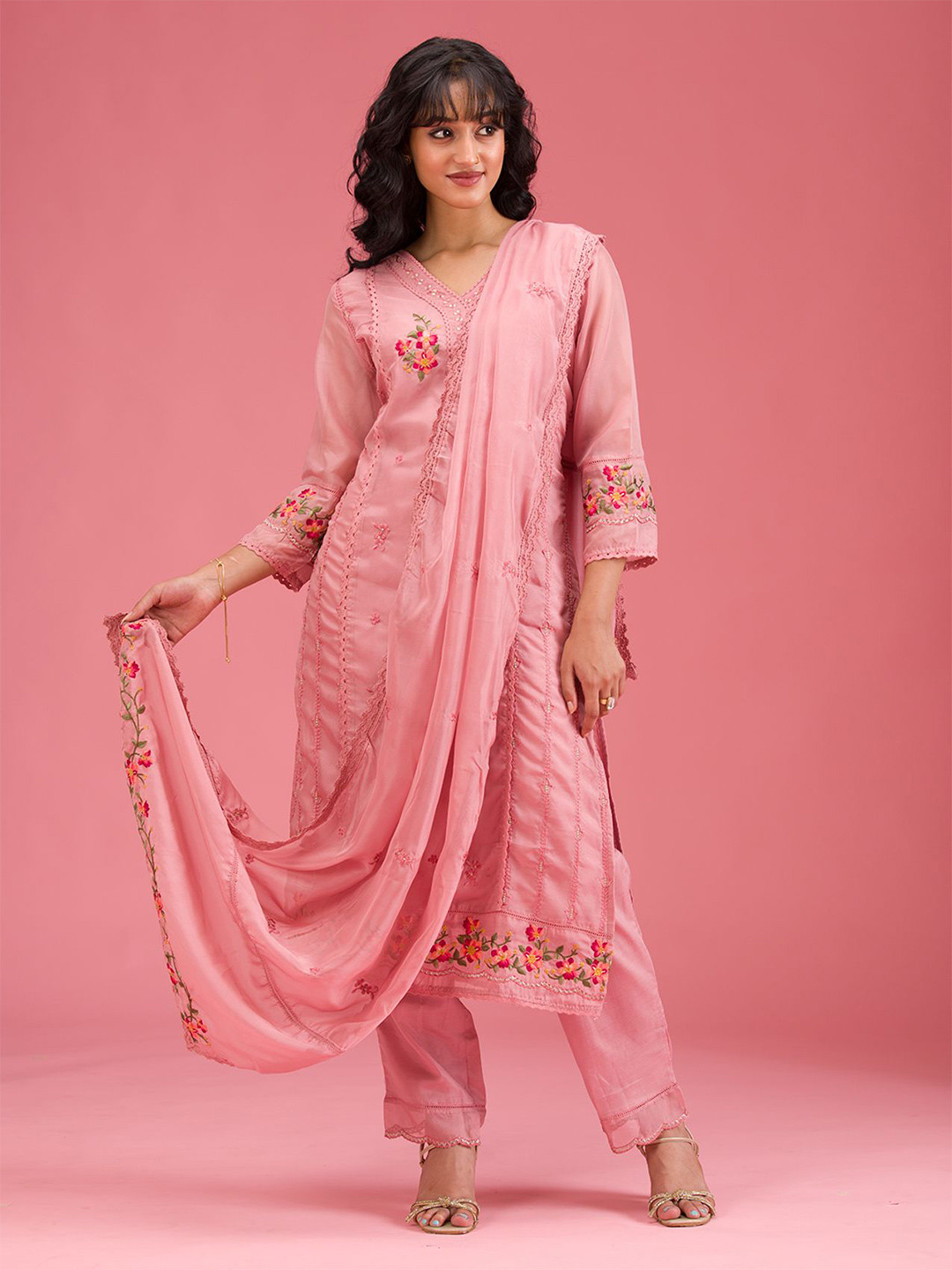 Koskii Women Onion Pink Threadwork Crepe Readymade Salwar Suit
