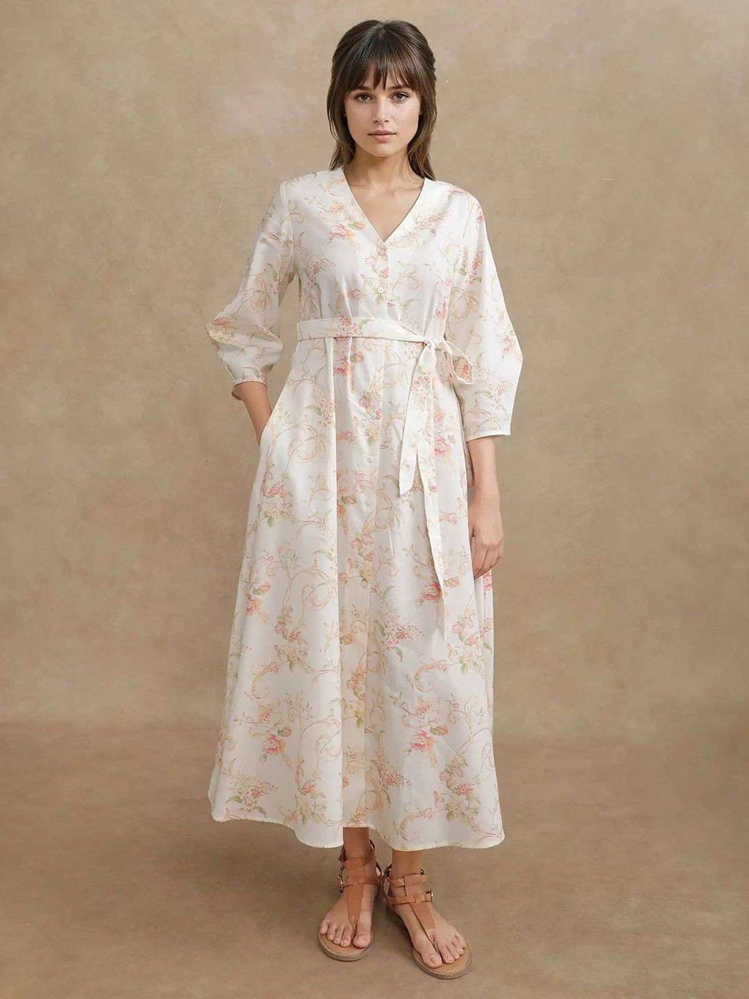 RAREISM Women Cotton Preu White Floral Printed A-Line Midi Dress
