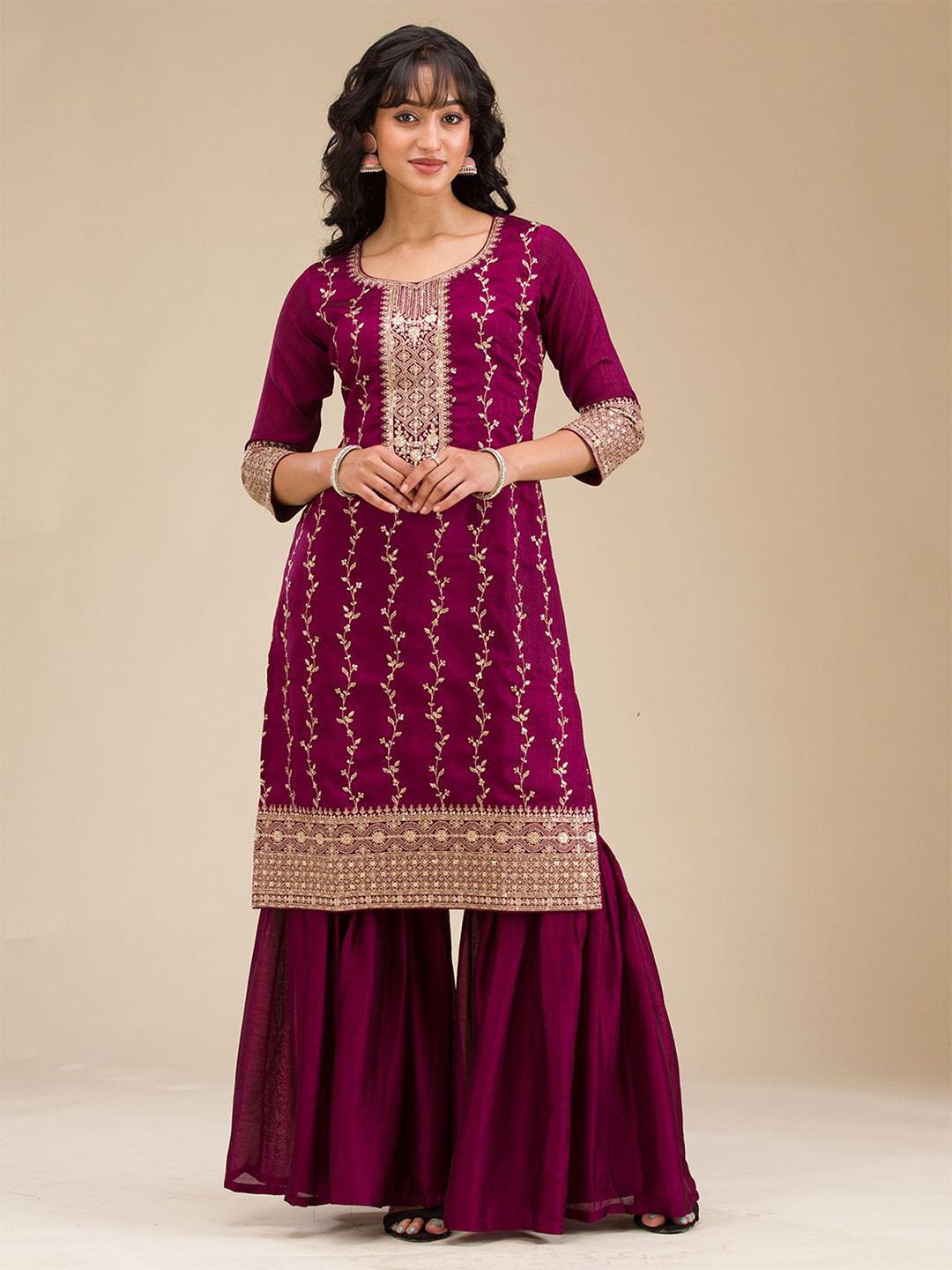 Koskii Women Wine Zariwork (Gold) Soft Raw Silk Readymade Salwar Suit