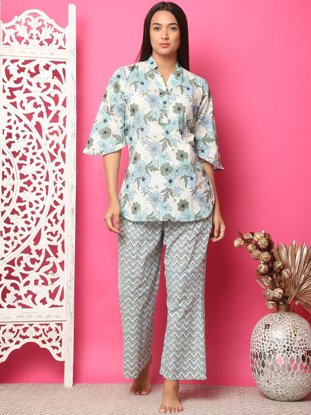 ETC Women Floral Printed Mandarin Collar Cotton Kurti and Pant Nightsuit Set