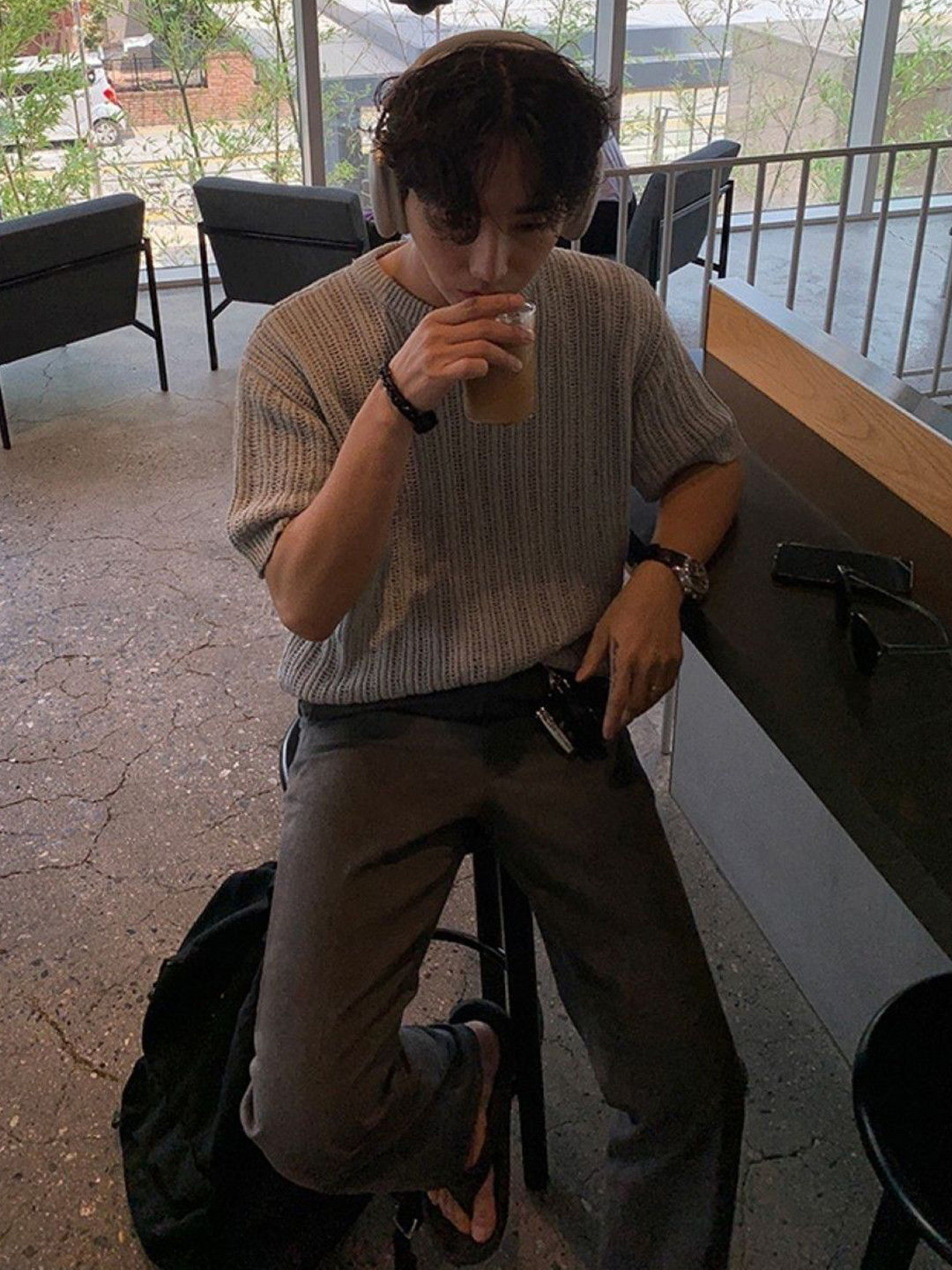 KPOP Grey Self Design Round Neck Short Sleeves T-Shirt