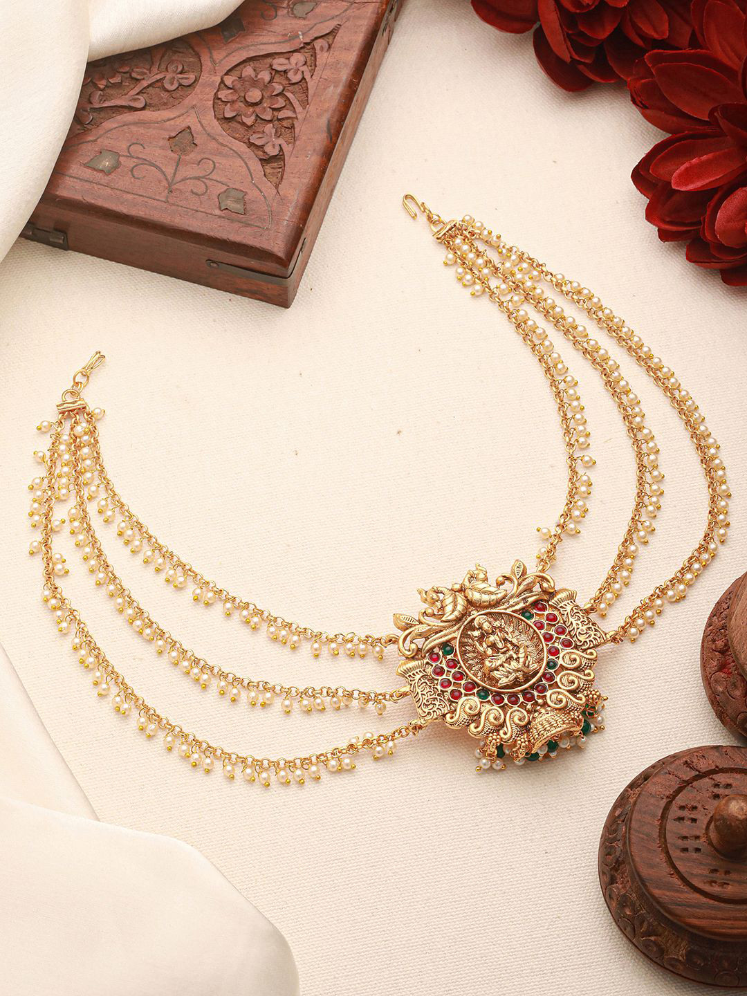 Saraf RS Jewellery Gold-Plated American Diamond Studded Matha Patti