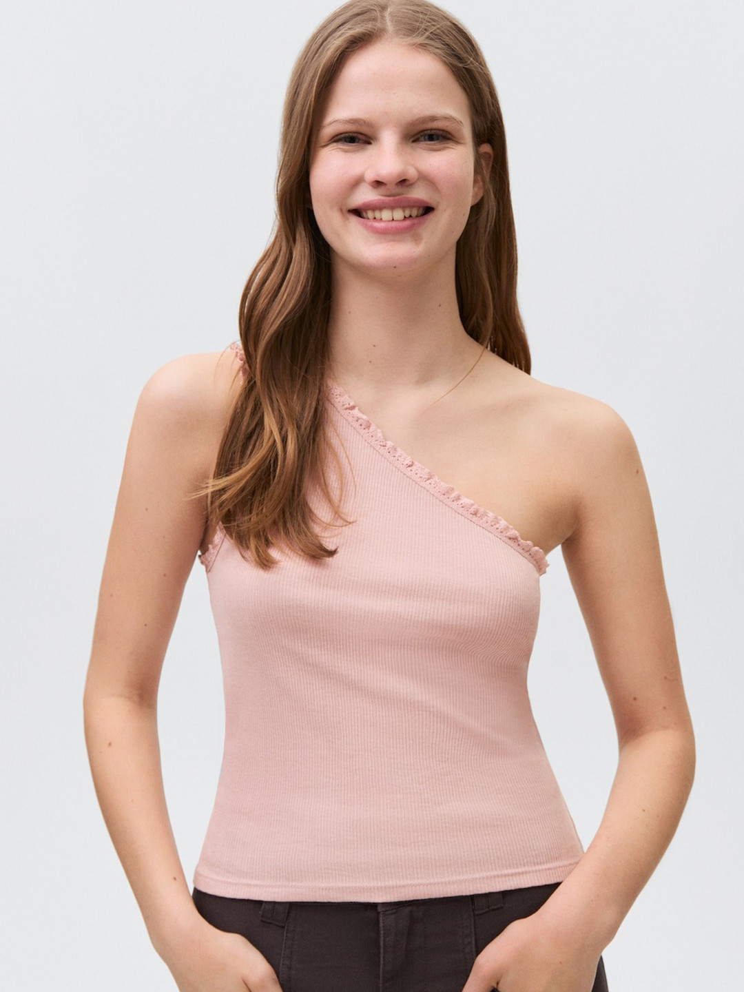 MANGO Asymmetric Lace One Shoulder Top