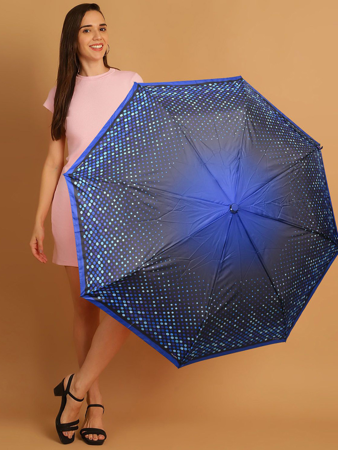 Aura Navy Blue & Black Geometric Printed 3 Fold Semi Automatic Umbrellas