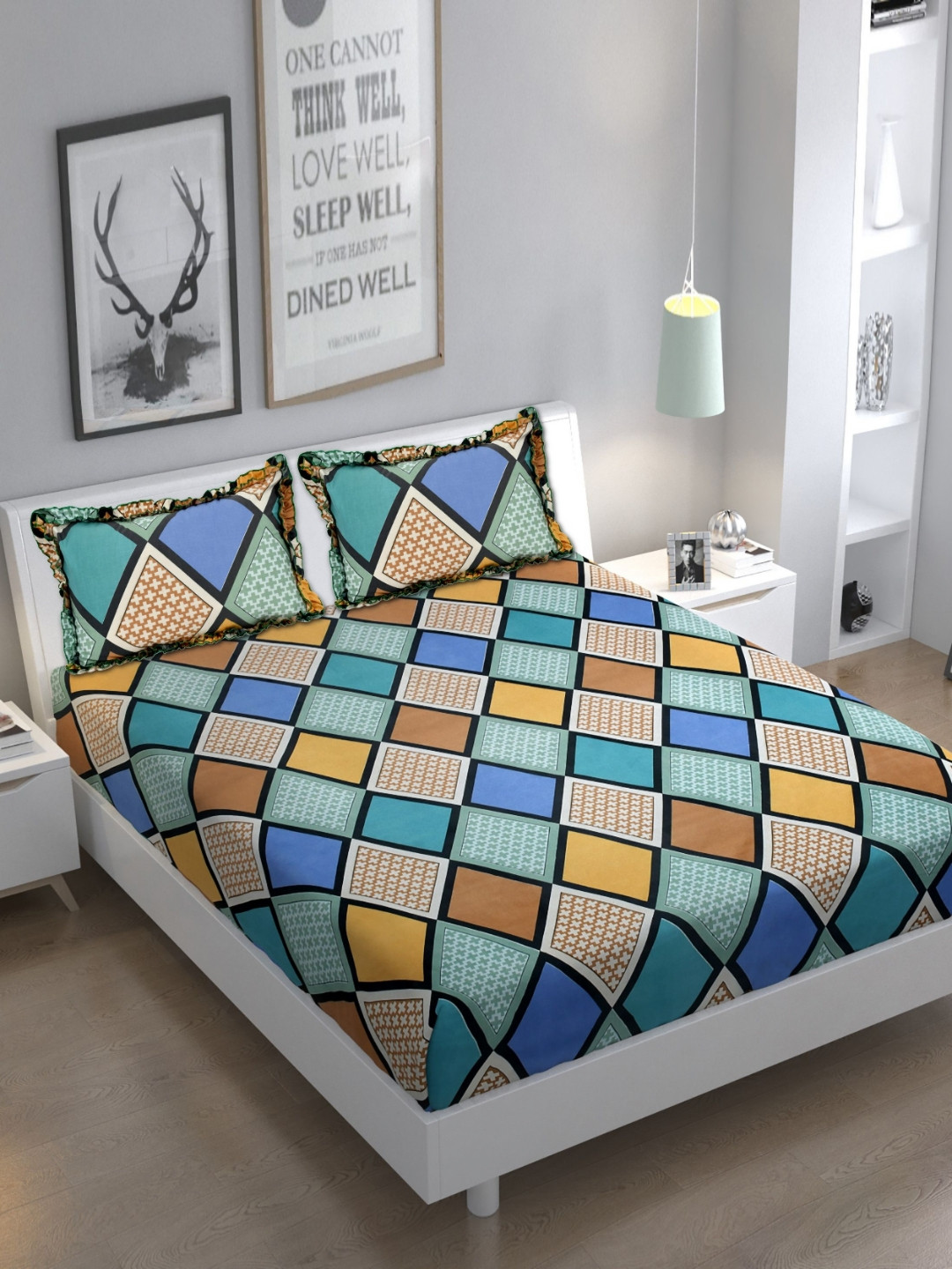 Luxmi Cotton Fabrics Blue Geometric Polycotton 144 TC Queen Bedsheet with 2 Pillow Covers-94 x 89 inches