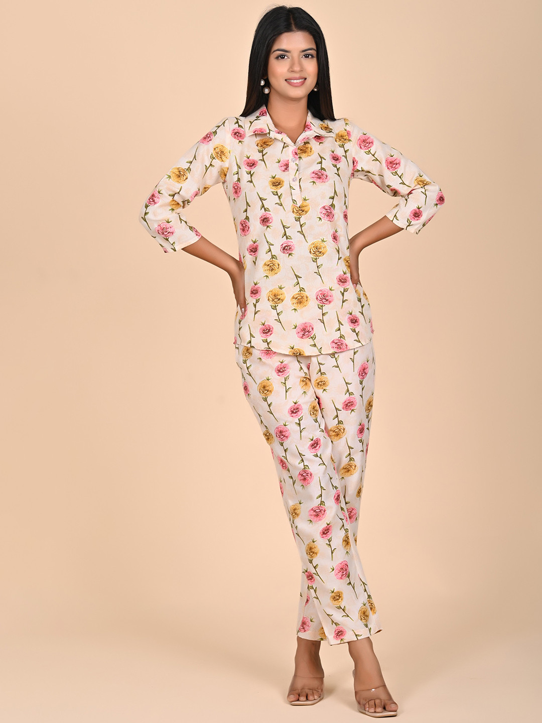 Rashmi Shree Creation Floral Printed Shirt Collar Neck Top With Trousers Co-ords
