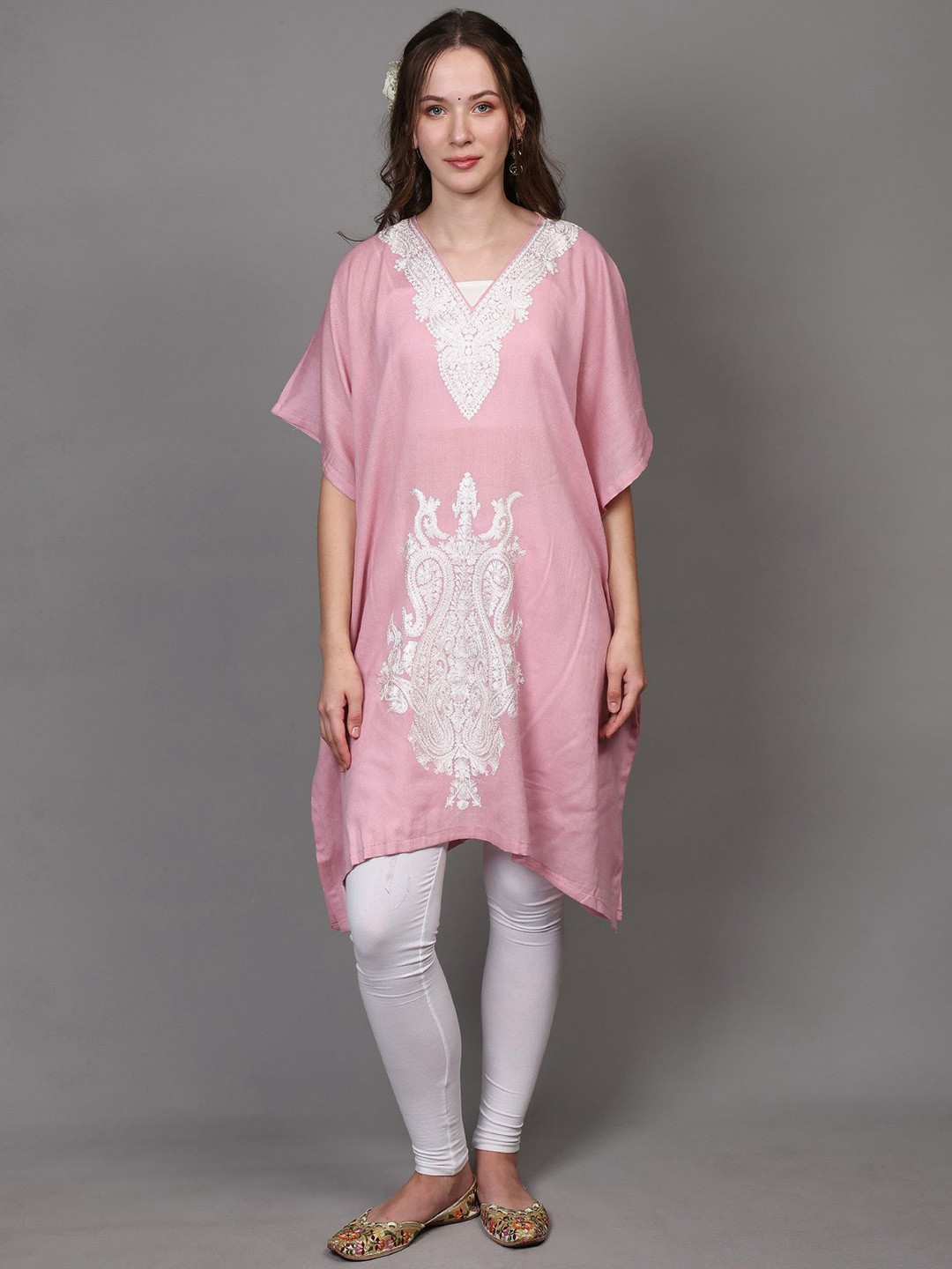 Exotic India Floral Embroidered Pure Wool Kaftan Midi Dress