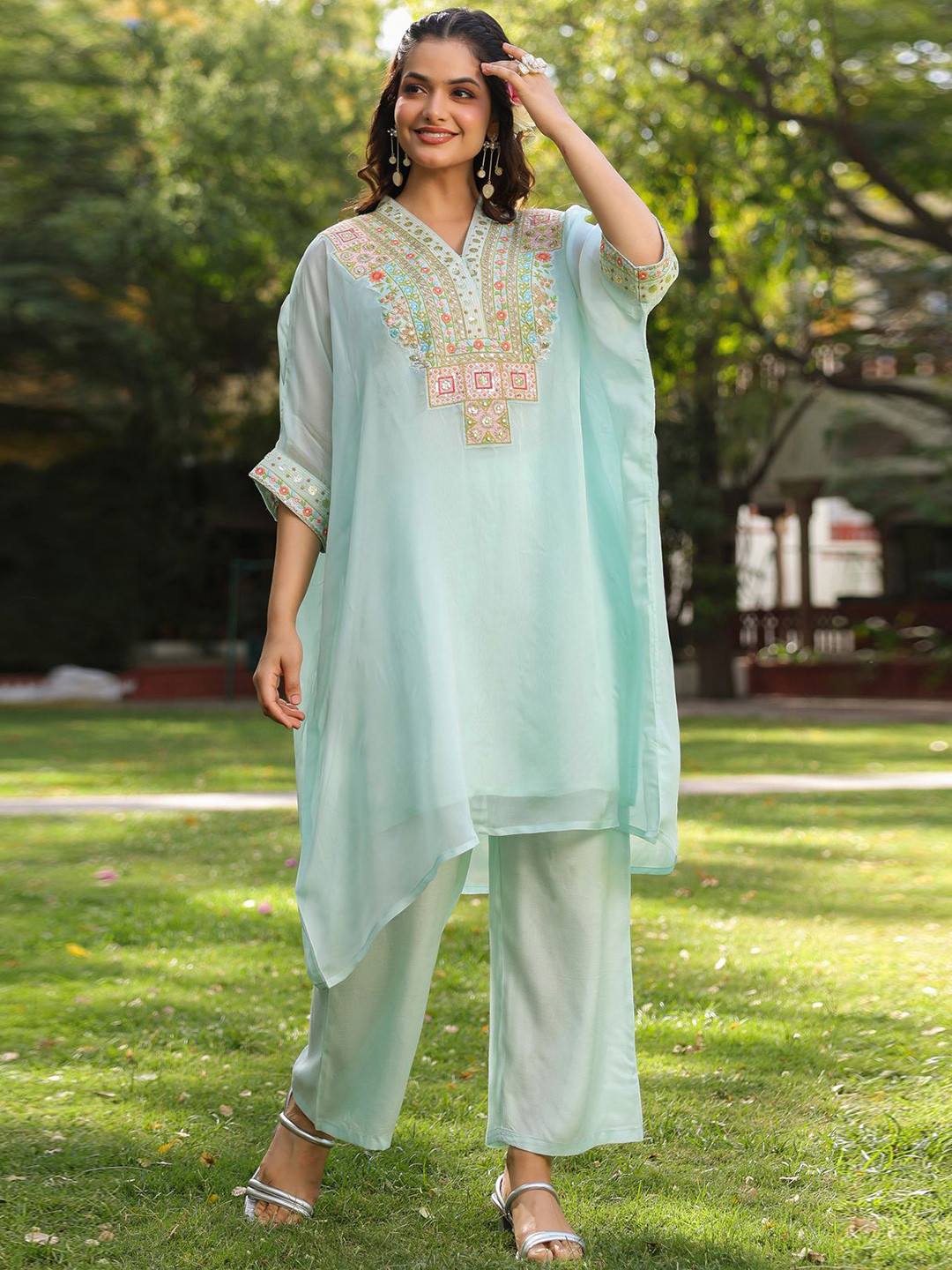 SCAKHI Aqua Embroidered Organza Silk Kaftan Set
