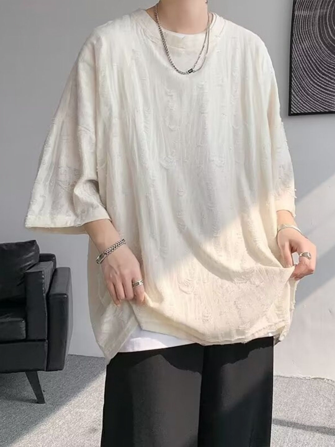 KPOP Self Design Round Neck Three-Quarter Sleeves Cotton T-Shirt