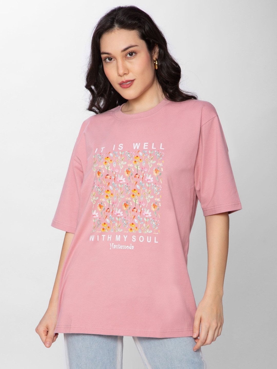 HAUTEMODA Women Floral Printed Applique T-shirt