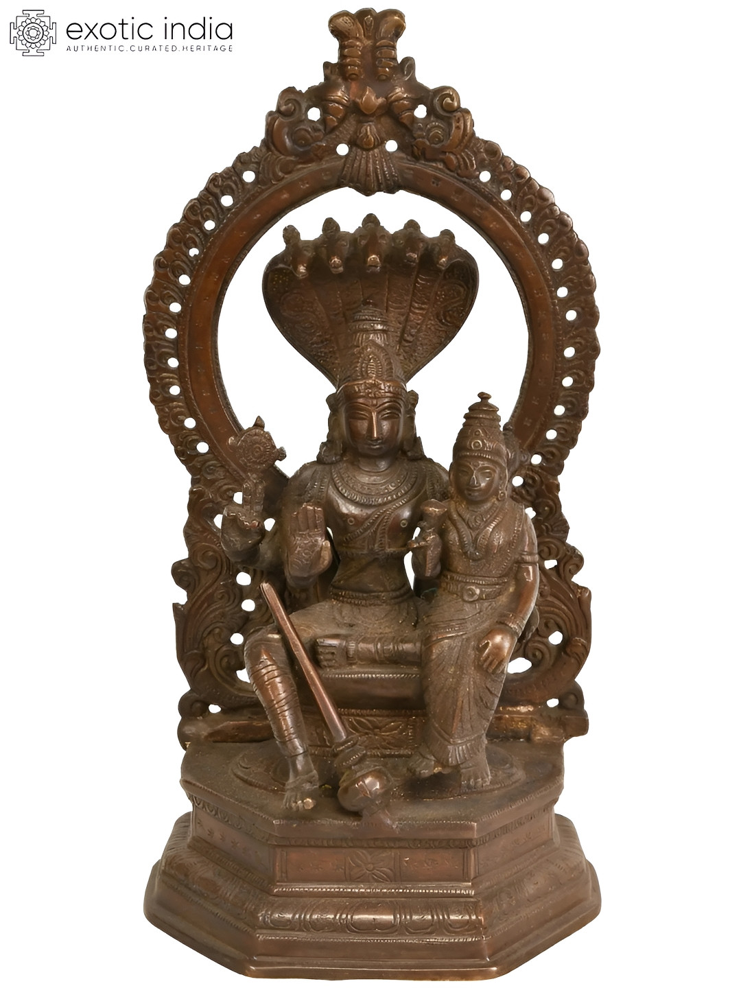 Exotic India Vishnu and Lakshmi Brown Brass Metallic Prayer Room Hand Made Medium Showpiece - 10.2 Inches