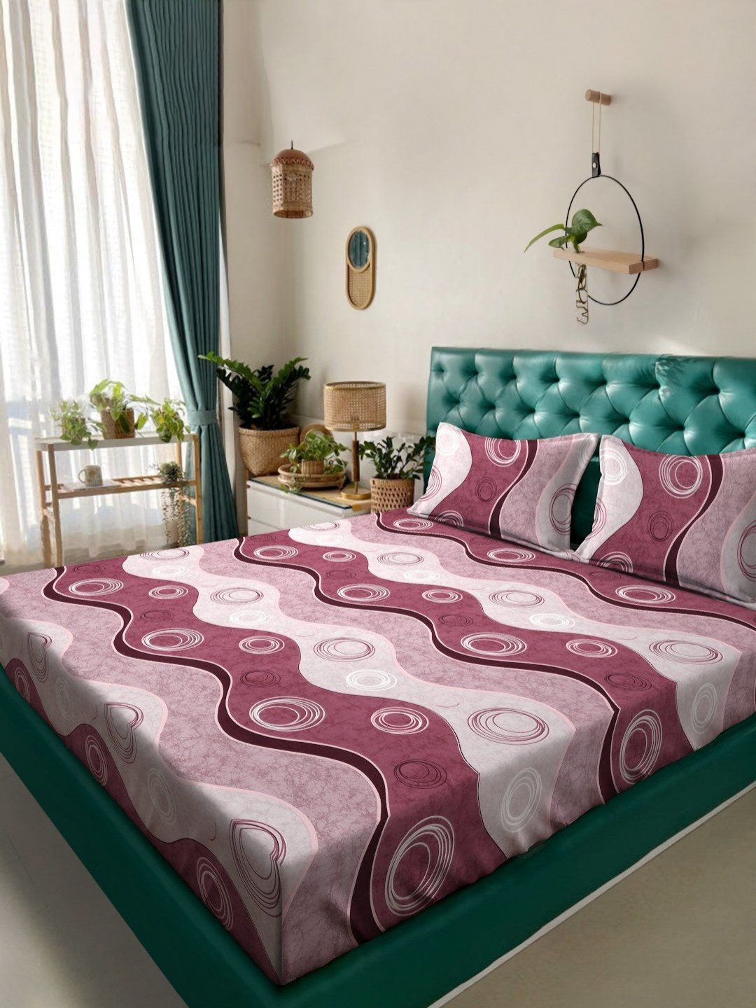 Myntra Elegant Homes Book Fold Purple Geometric Polycotton Soft Feel 300 TC King Fine Bedsheet with 2 Pillow Covers-98 x 89 inches