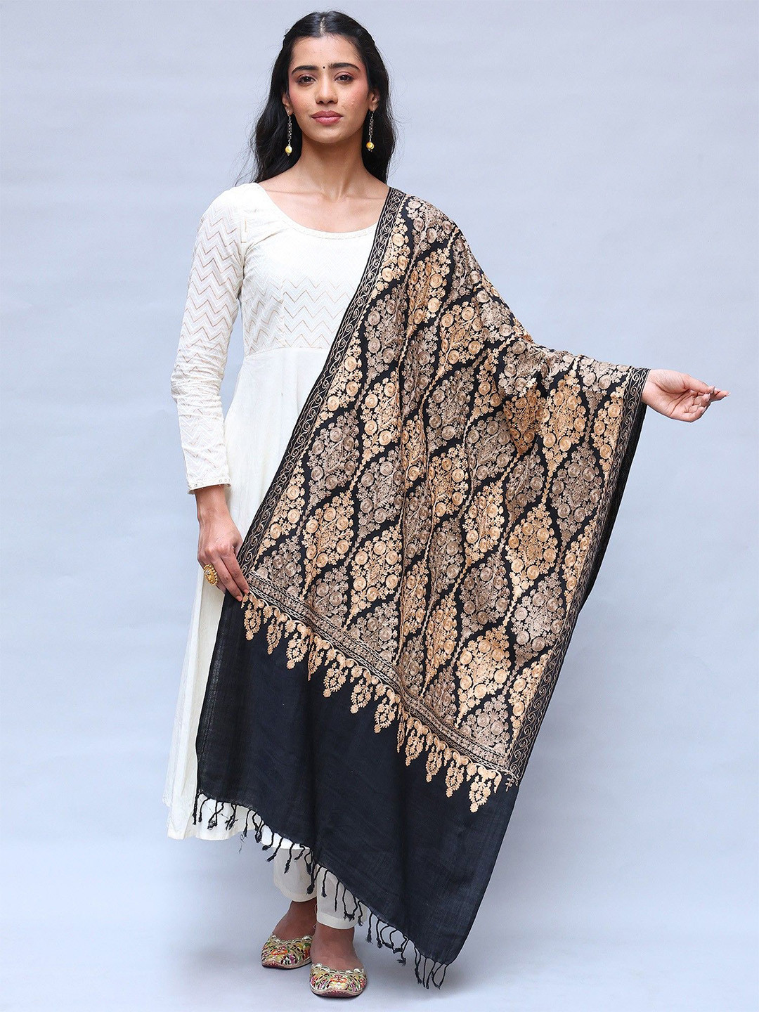 Exotic India Black Ink Wool Aari Embroidered Shawl