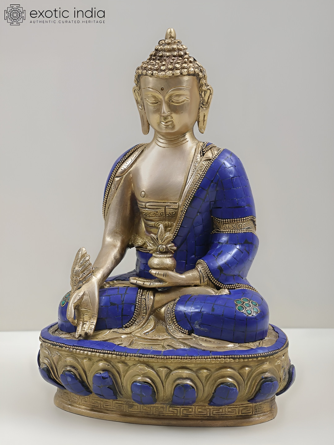 Exotic India Lapis Healing Buddha Brown Brass Matte Study Room Medium Showpiece - 12.5 Inches