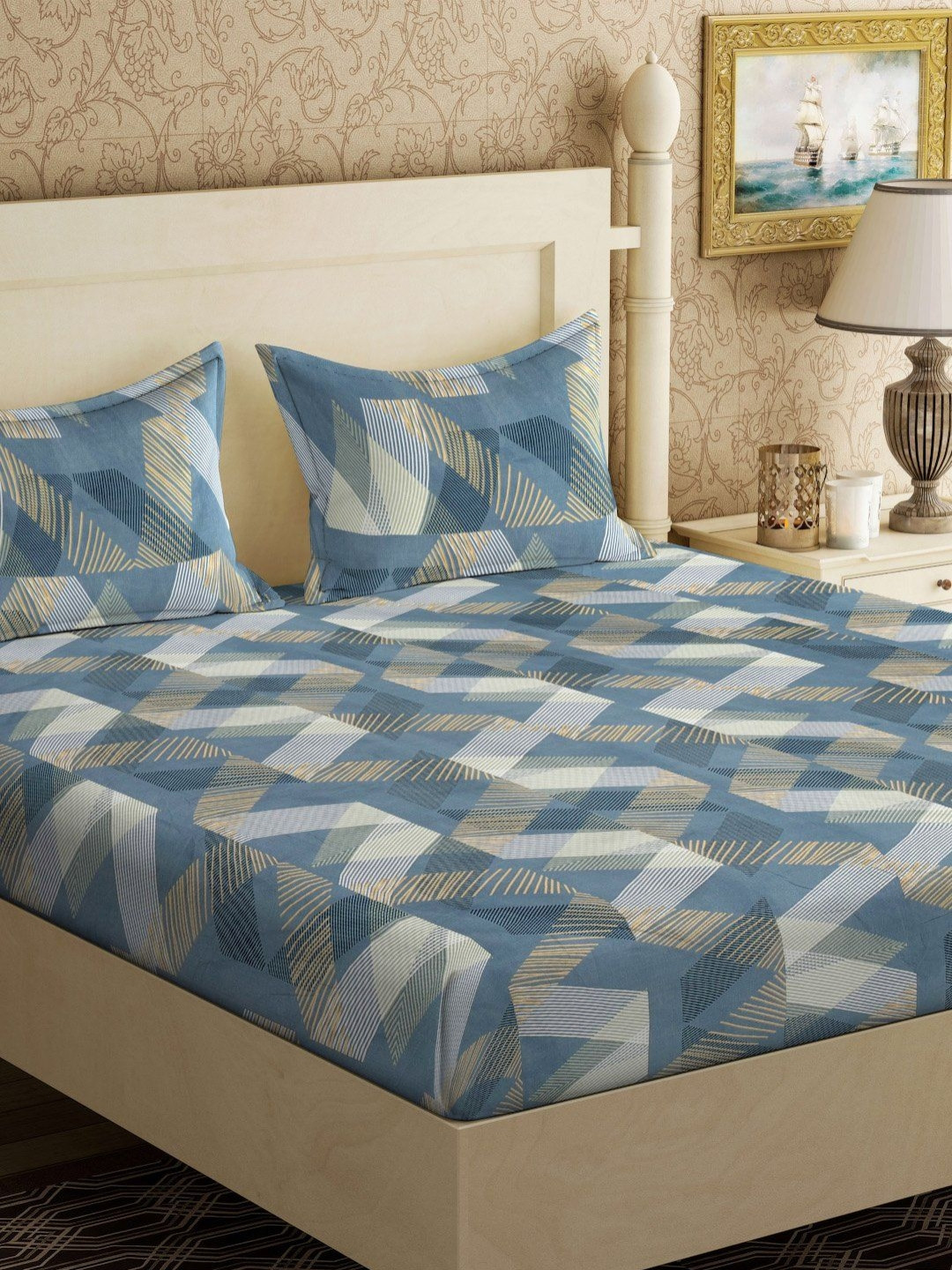 Myntra Elegant Homes Book Fold Turquoise Blue Abstract Polycotton 300 TC King Fine Bedsheet with 2 Pillow Covers-98 x 89 inches