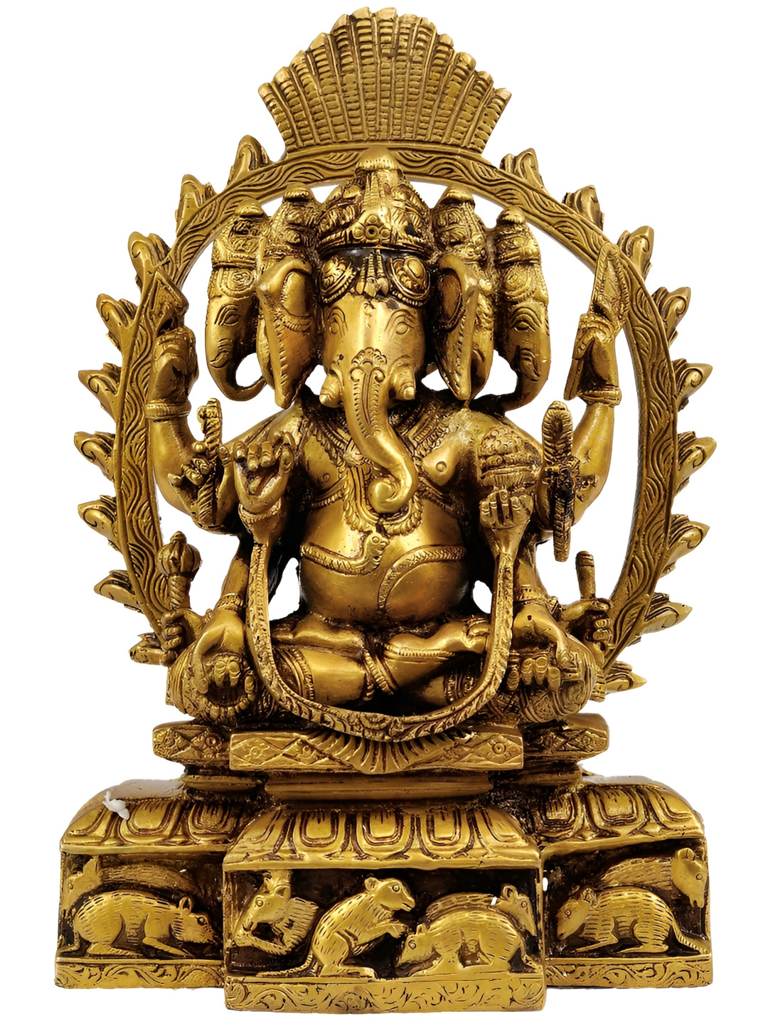 Exotic India EightArmed FiveHeaded Ganesha Gold Brass Metallic Living Room Hand-Crafted Small Showpiece - 8.7 Inches