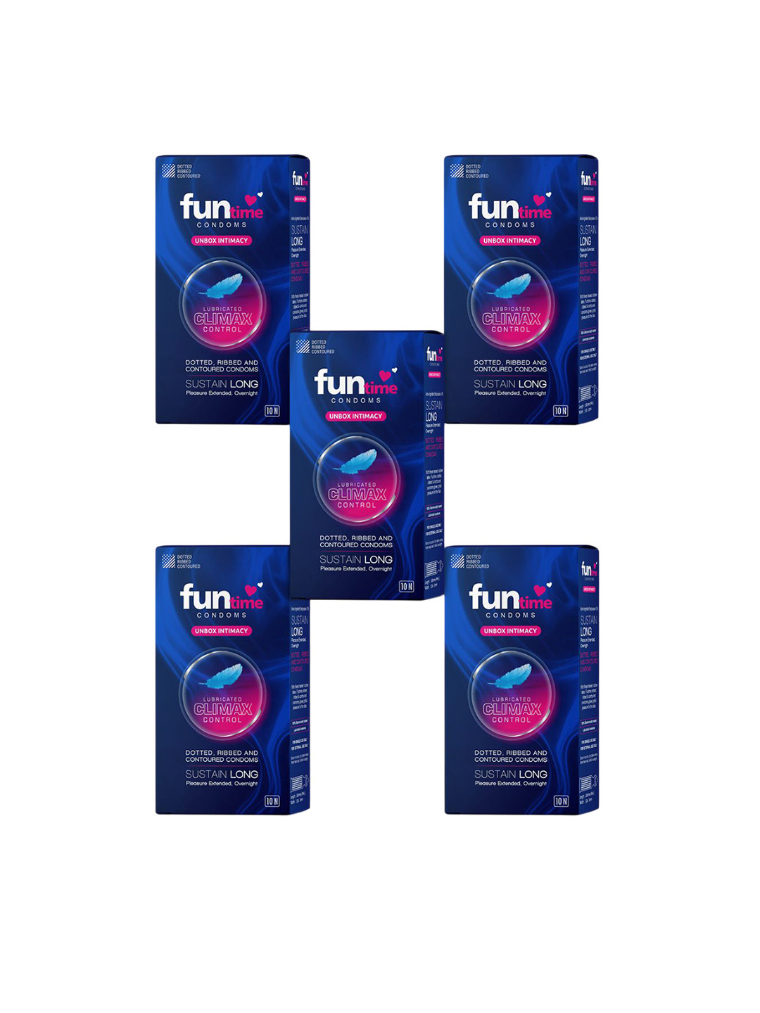 Funtime Pack Of 5 Long Lasting Dotted & Ribbed Climax Control Condoms -50 Pcs