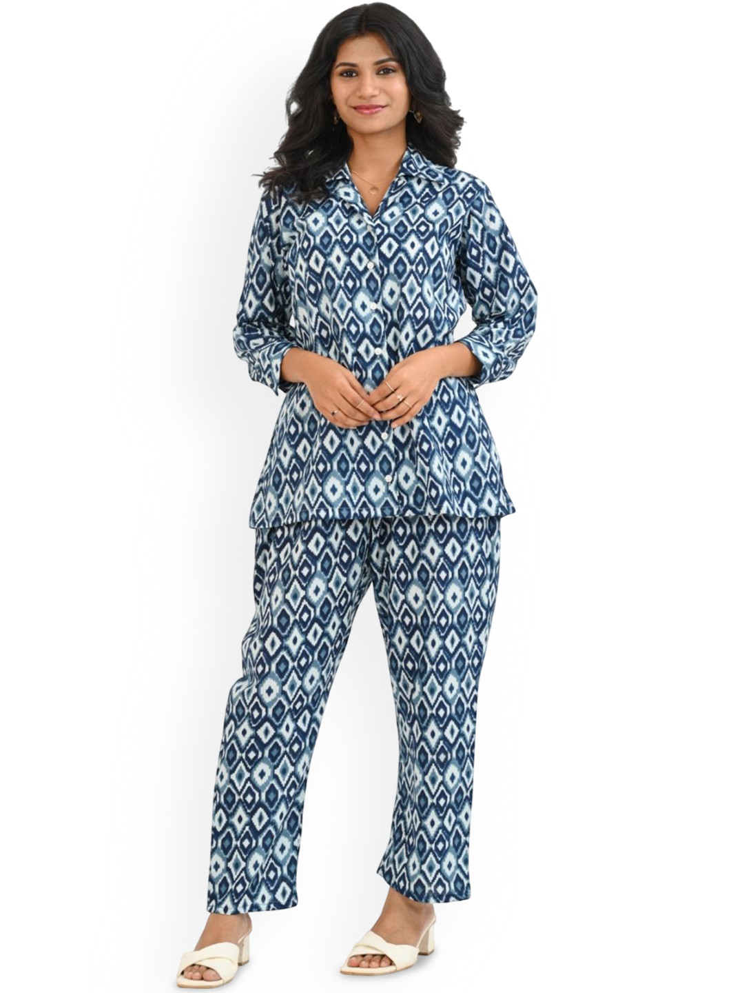 30 Looks Women Ikat Printed Lapel Collar Pure Cotton Night suit