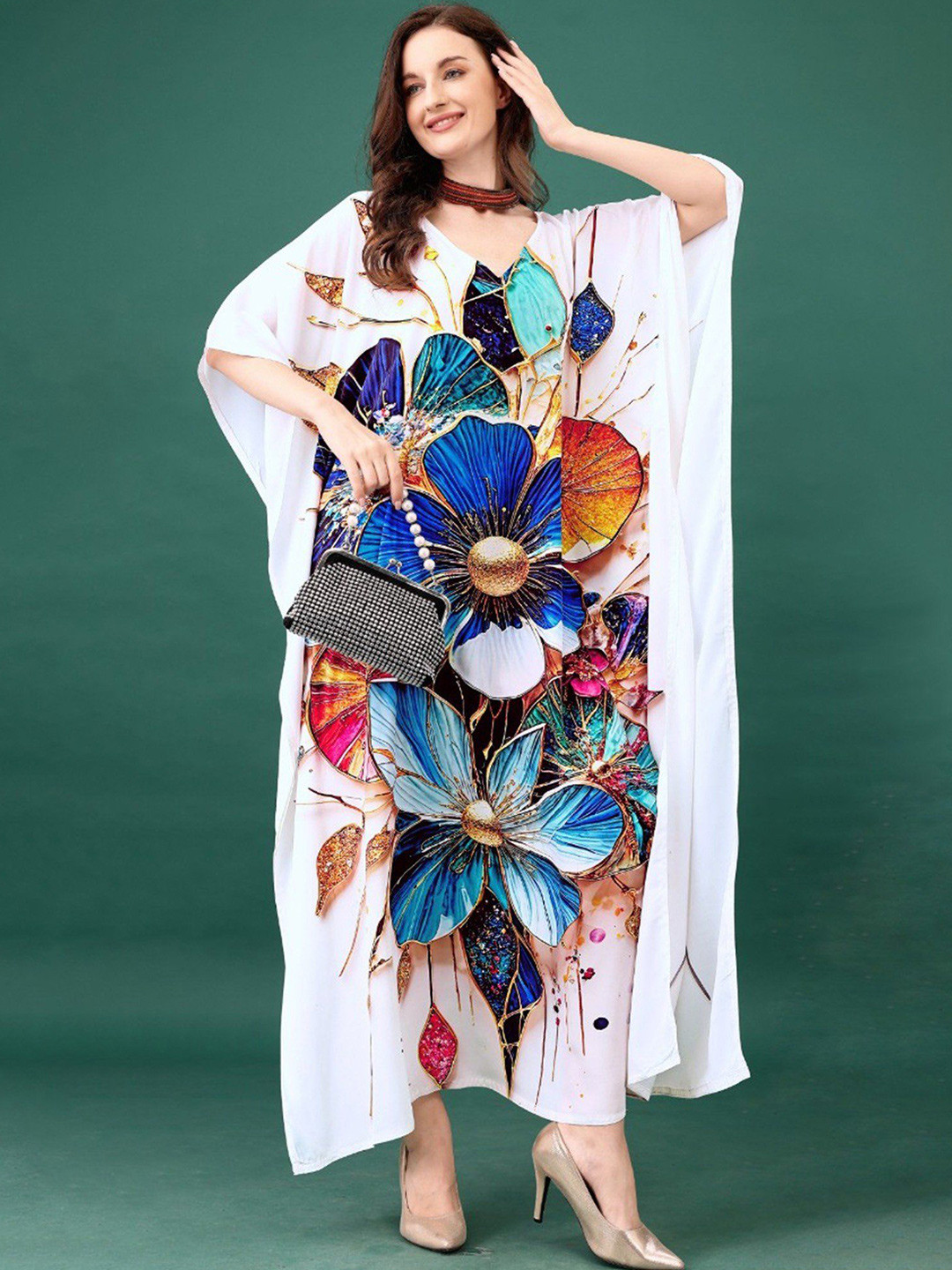 Exotic India Lucent White Long Kaftan with Floral Print