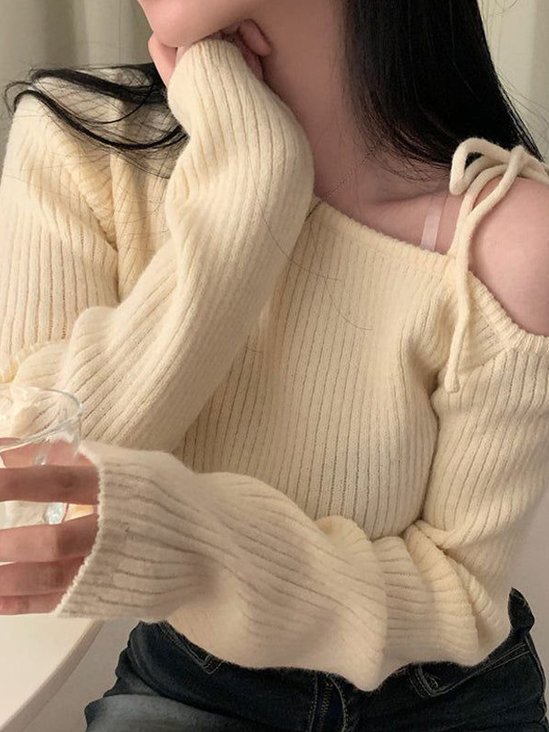 Outzidr Cream Ribbed Cold-Shoulder Top