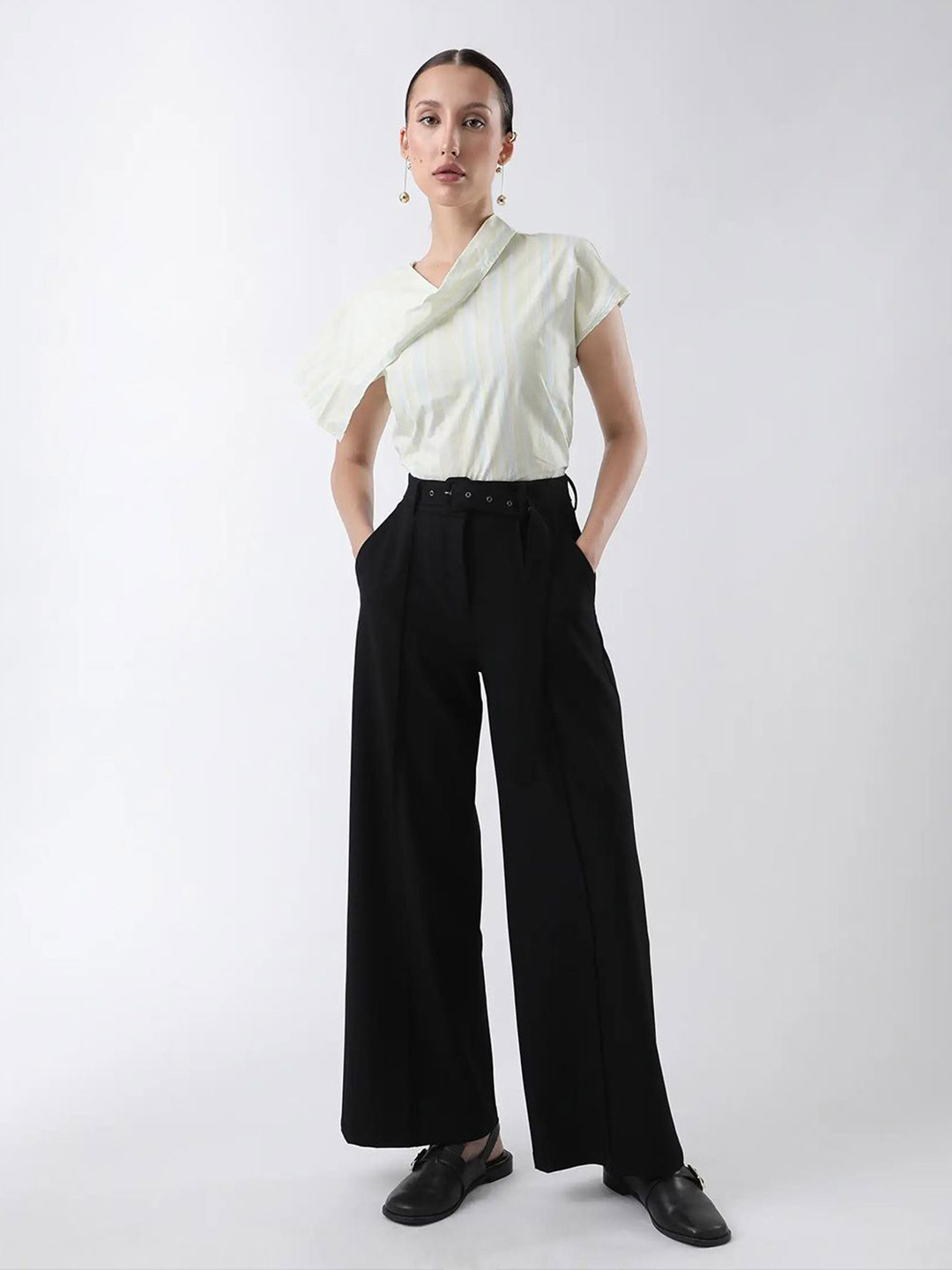 RAREISM Bhakil Women Tailored Slim Fit High-Rise Pleated Primary Black Trousers