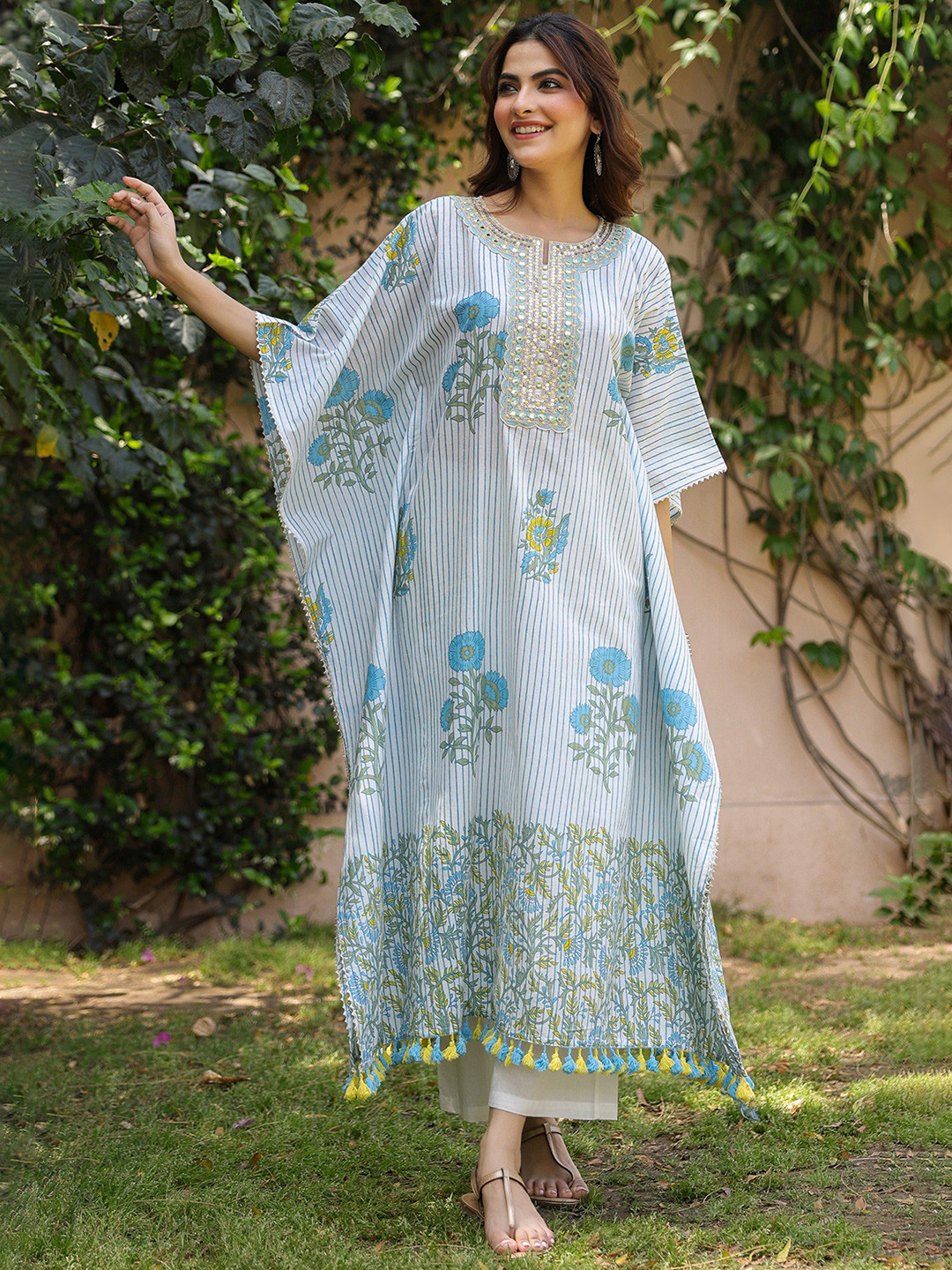 SCAKHI Blue Striped-Floral Block Printed Cotton Kaftan Set