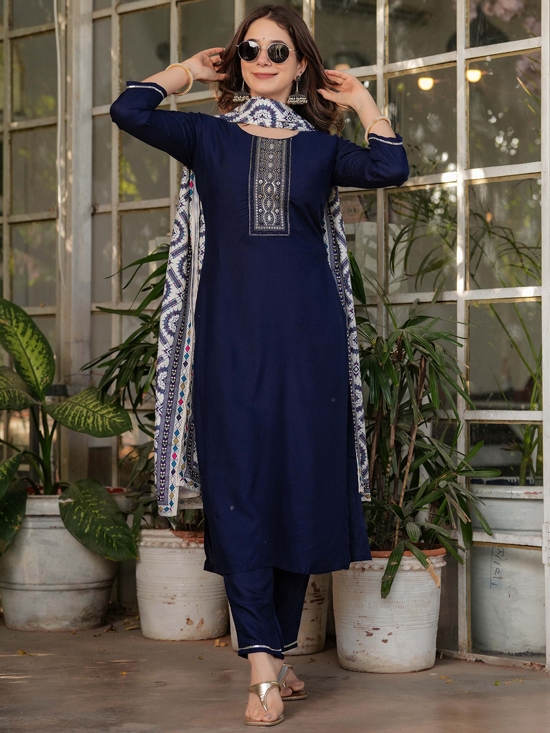 JAPNAAM Embroidered Sequinned Round Neck Straight Kurta with Trousers & Dupatta