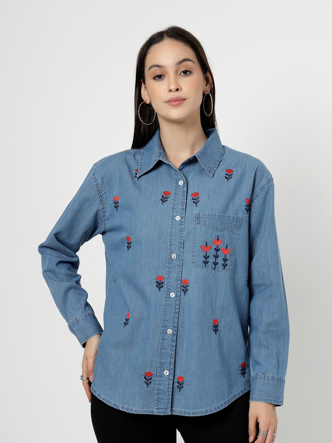 COSMIC TRIO Relaxed Boxy Floral Embroidered Denim Casual Shirt