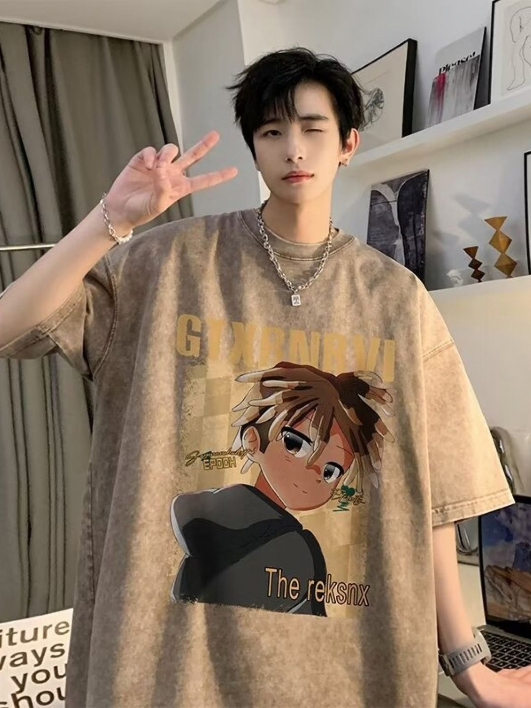 Khaki Graphic Printed Round Neck Oversized Cotton T-shirt