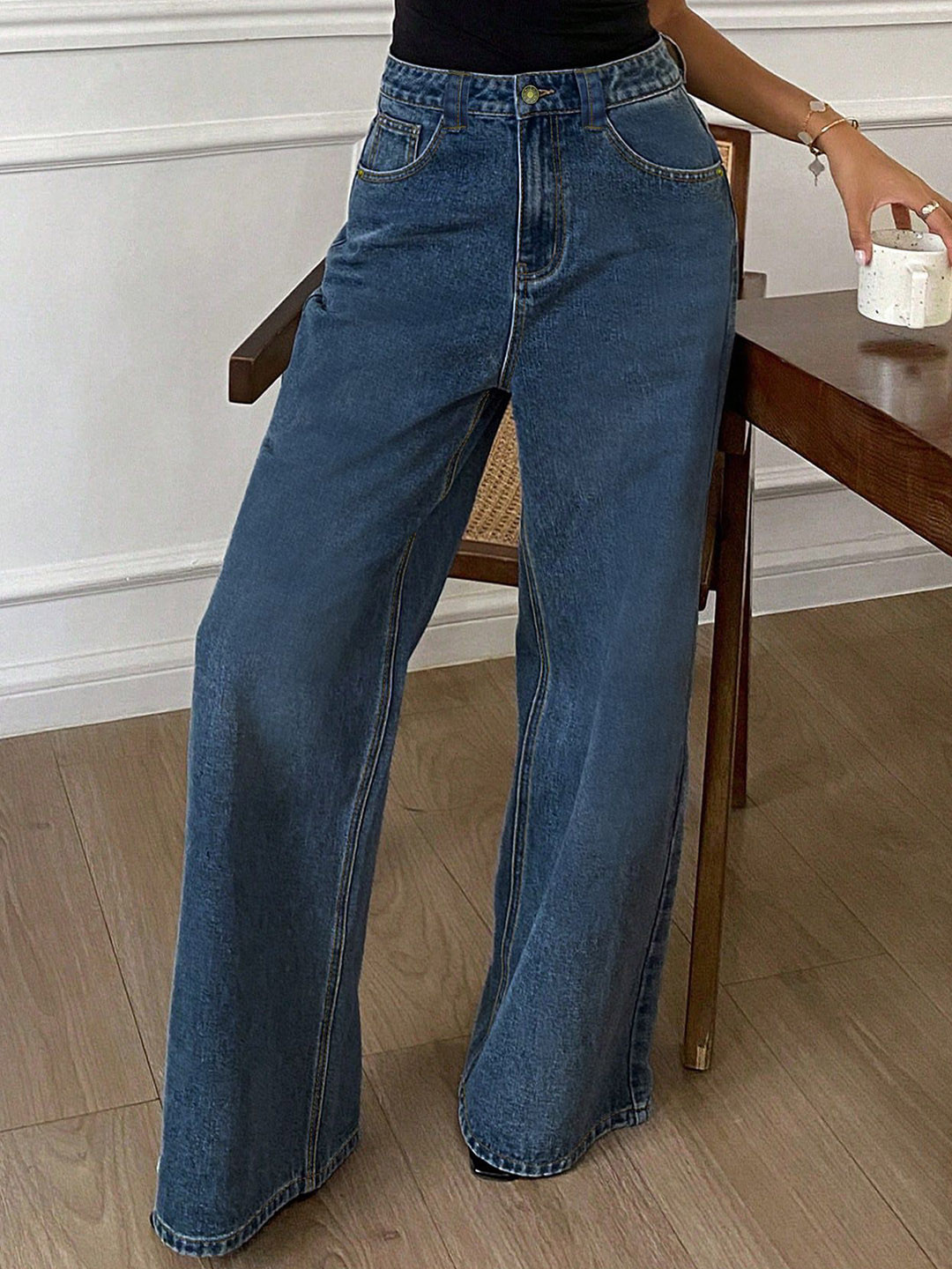 bebe Dark Wash Blue Denim High Waist Wide Leg Jeans