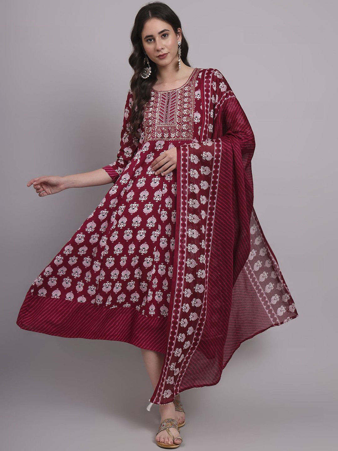 aayusika Printed & Embroidered Work Dress & Dupatta Set