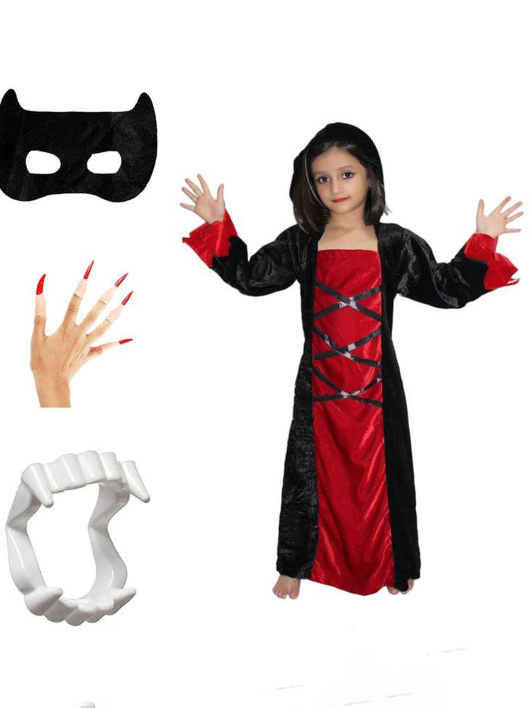 Kaku Fancy dresses Girls Halloween Cosplay Witch Costume Gown With Teeth, Mask & Nail Set