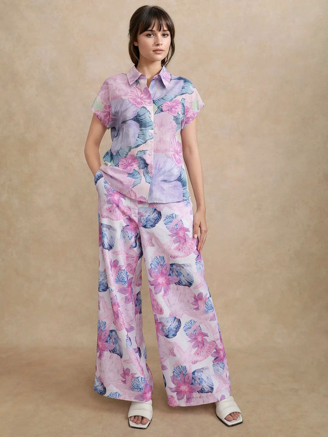 RAREISM PredinB Women Floral Printed Tailored Slim Fit High-Rise Wide Leg Trousers