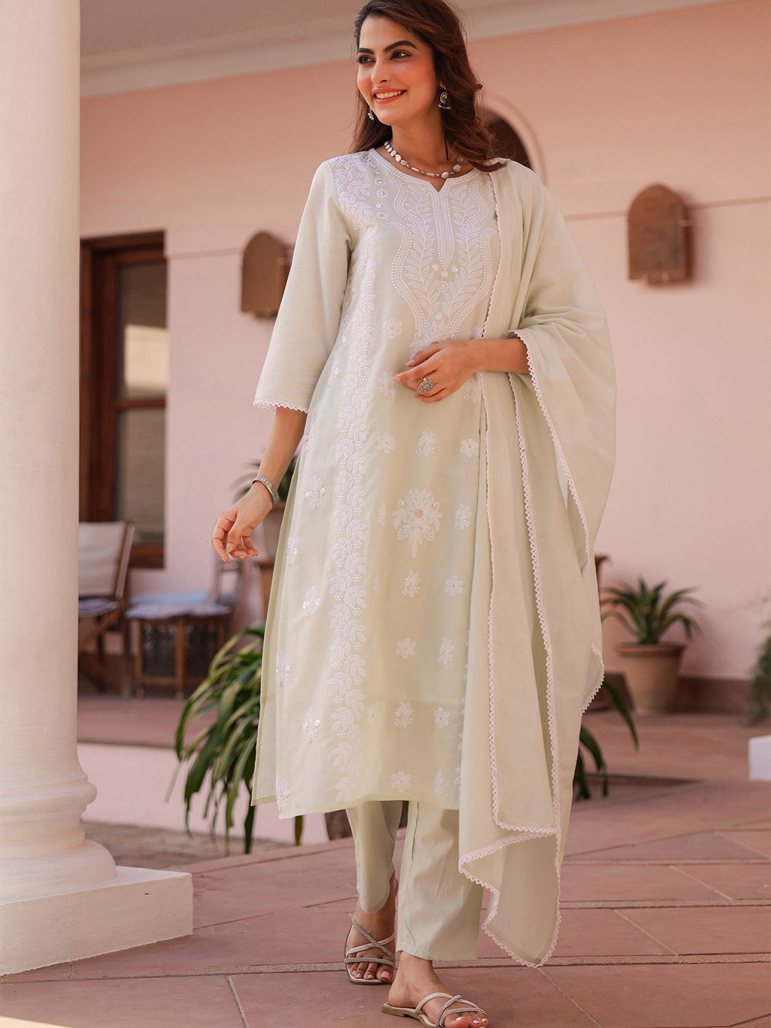 SCAKHI Women Pistagreen Cotton Mulmul Chikankari Embroidered Straight Suit Set