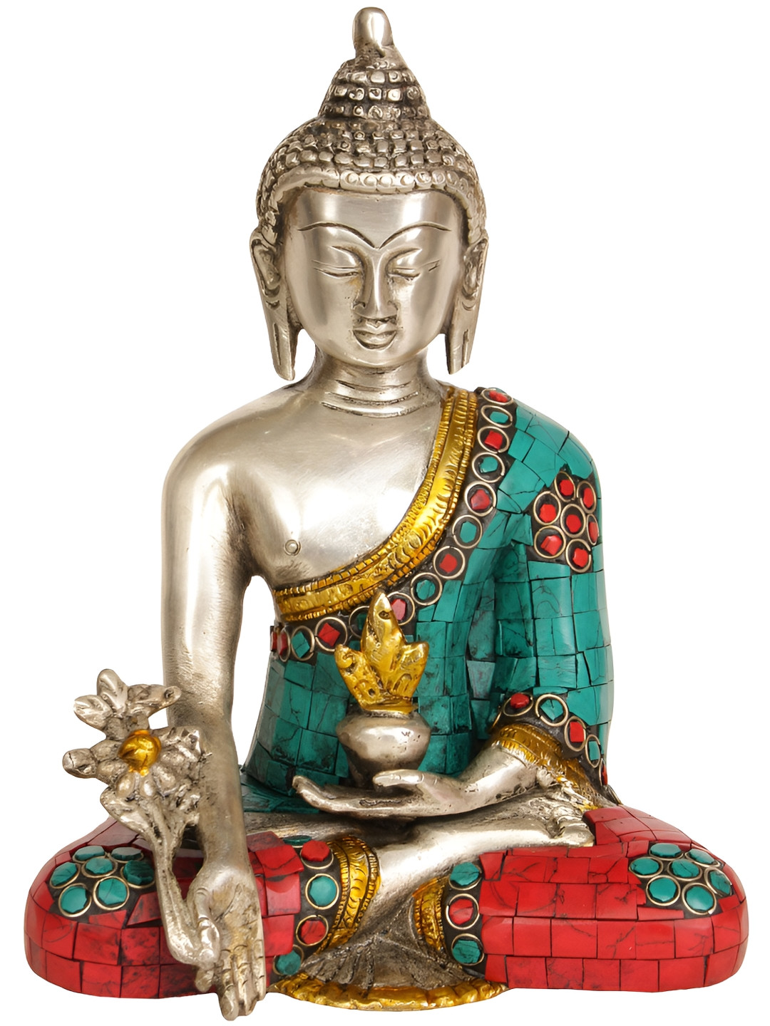 Exotic India Medicine Buddha Silver Brass Metallic Living Room Hand Made Medium Showpiece - 7 Inches