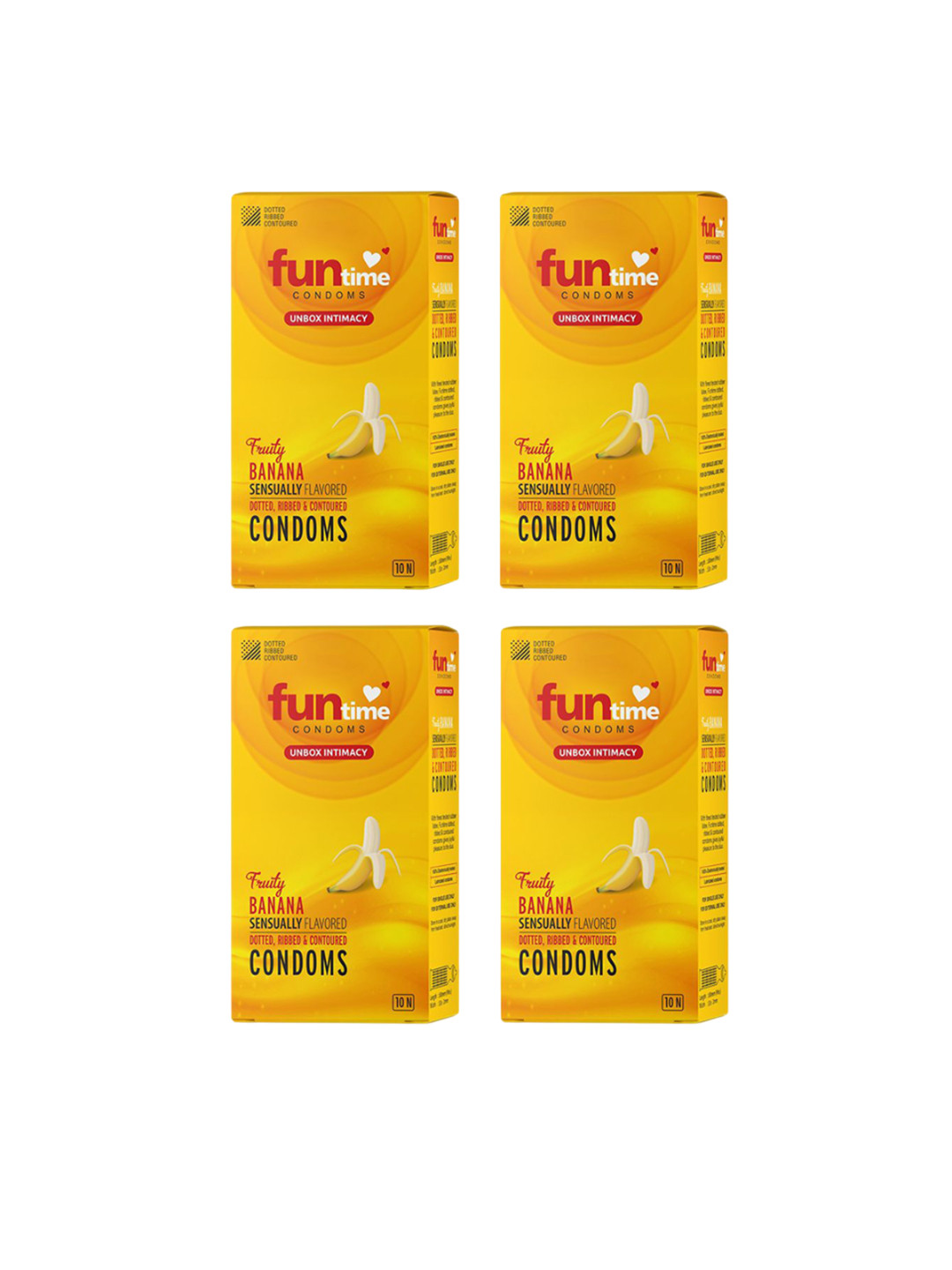 Funtime Pack Of 4 Banana Flavor Long Lasting Dotted And Ribbed Condoms - 40 Pcs