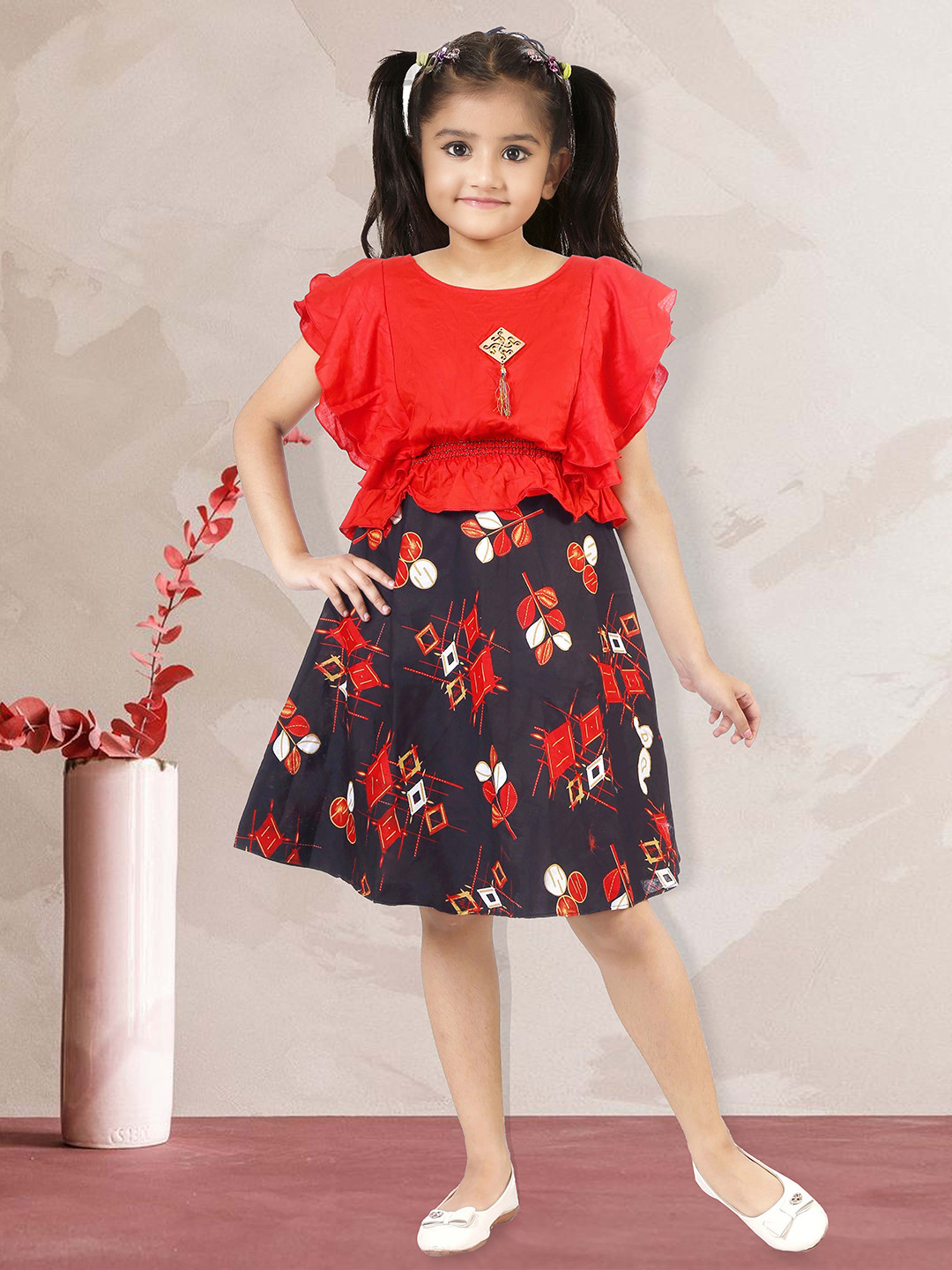KAARIGARI Girl Floral Print Flutter Sleeve A-Line Dress