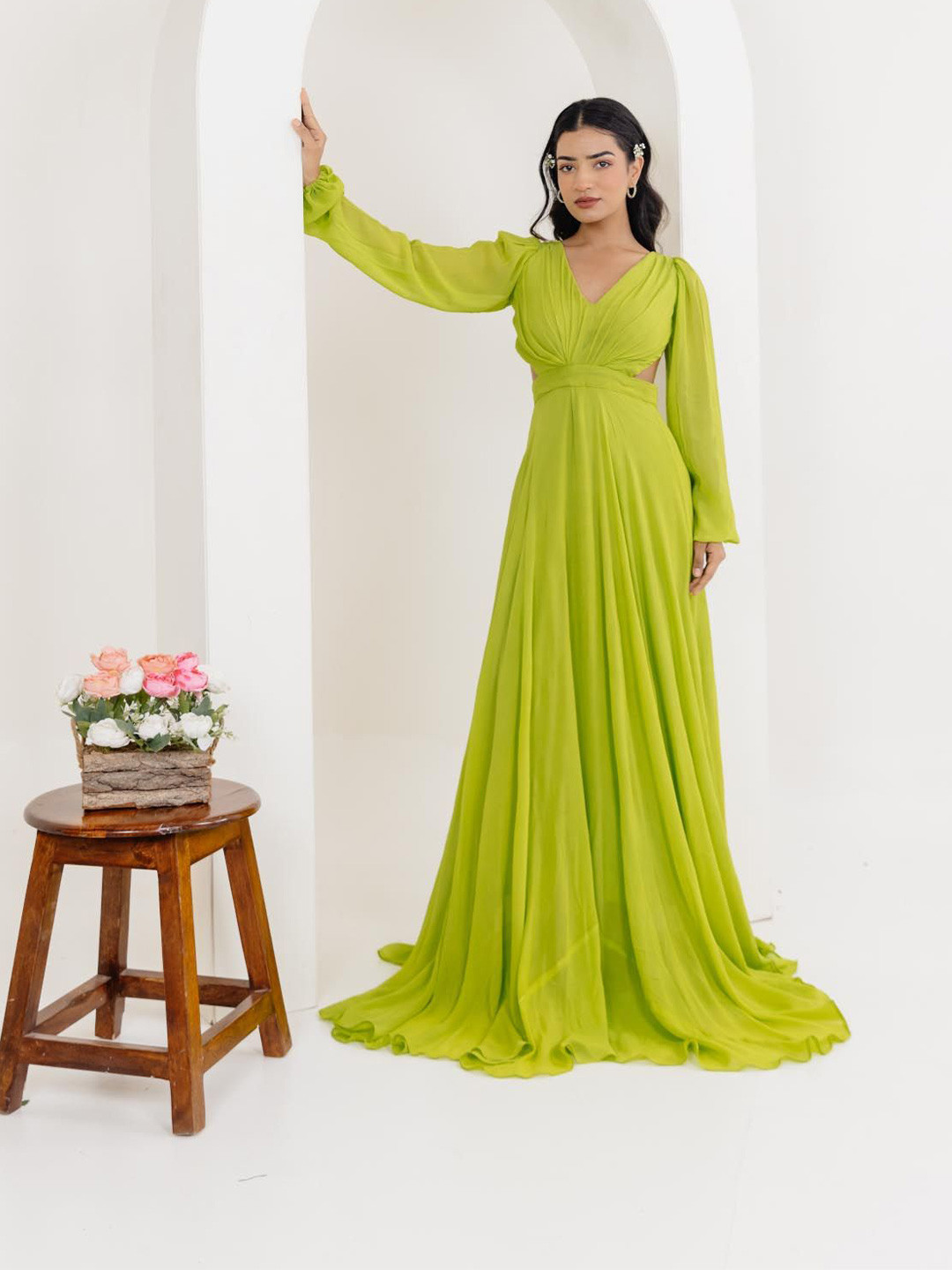 DEASHA INDIA Women V Neck Puff Sleeves Cut-Outs Fit & Flare Maxi Dress