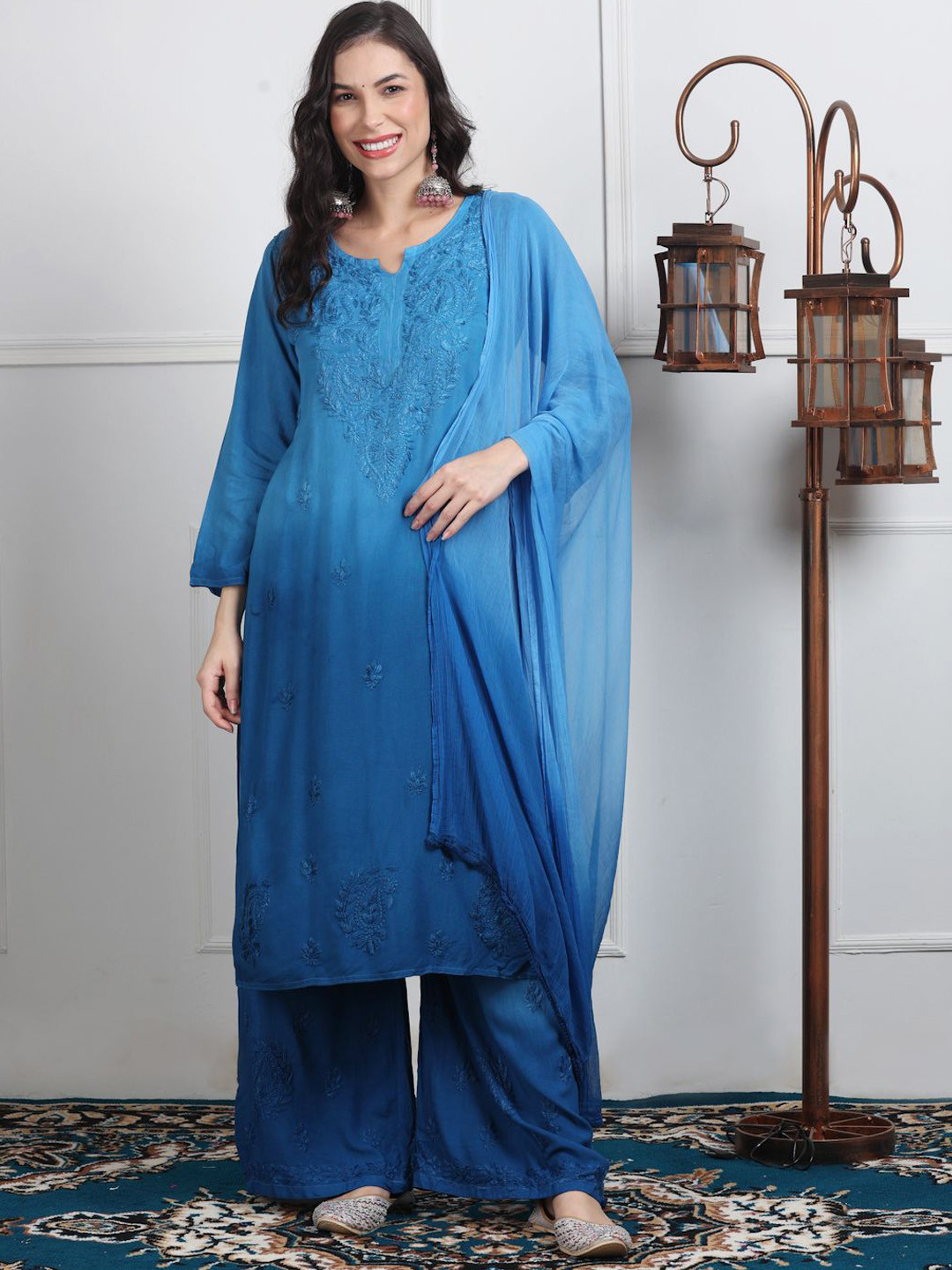 KHAKA Women Woven Design Embroidered Kurta with Palazzos & Dupatta