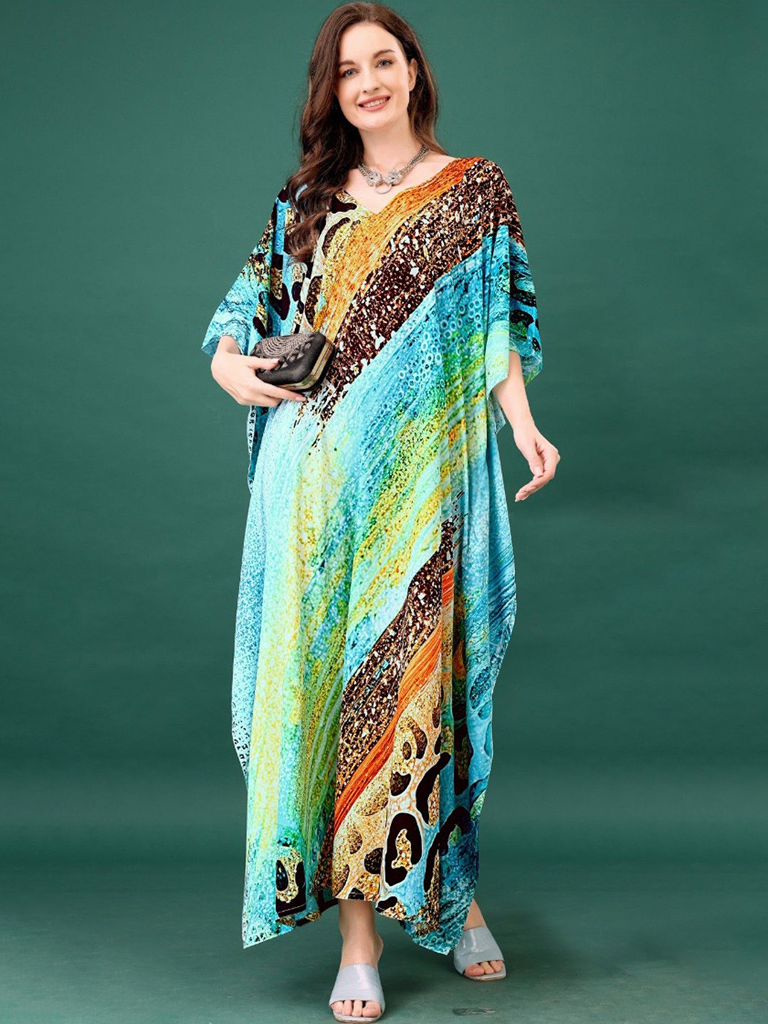 Exotic India Women Multi-Color Printed V-Neck Long Kaftan with Fitting Belt