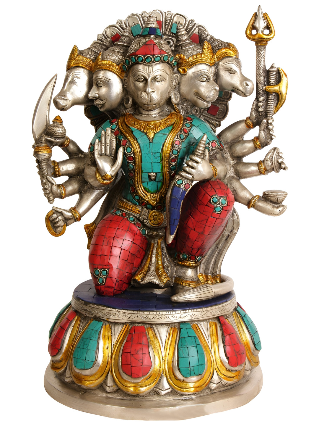 Exotic India Panchamukhi Hanuman Silver Brass Metallic Prayer Room Medium Showpiece - 13 Inches