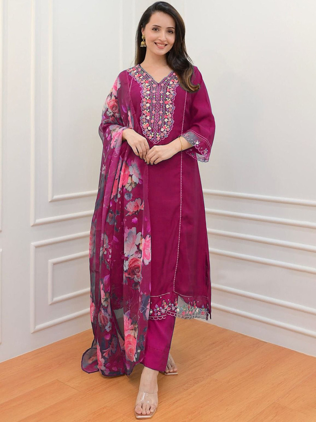 WAZIX Clothing Floral Embroidered V-Neck Straight Kurta With Trousers And Dupatta
