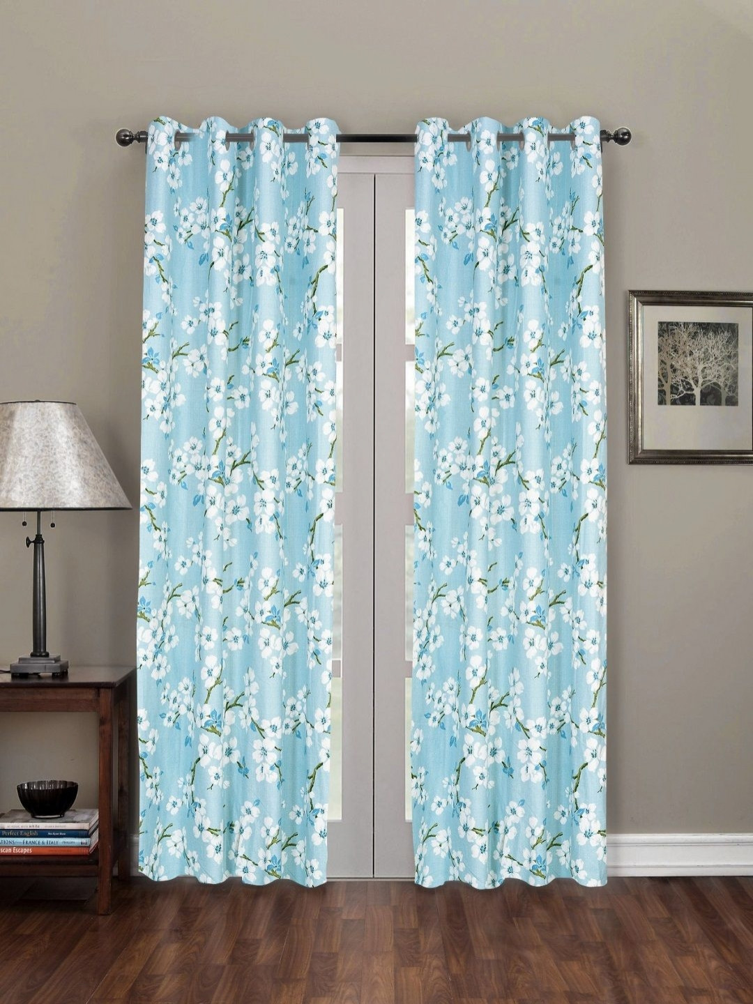 RRC Turquoise Blue & White 2 Pieces Printed Microfiber Cotton Long Door Curtain - 7ft