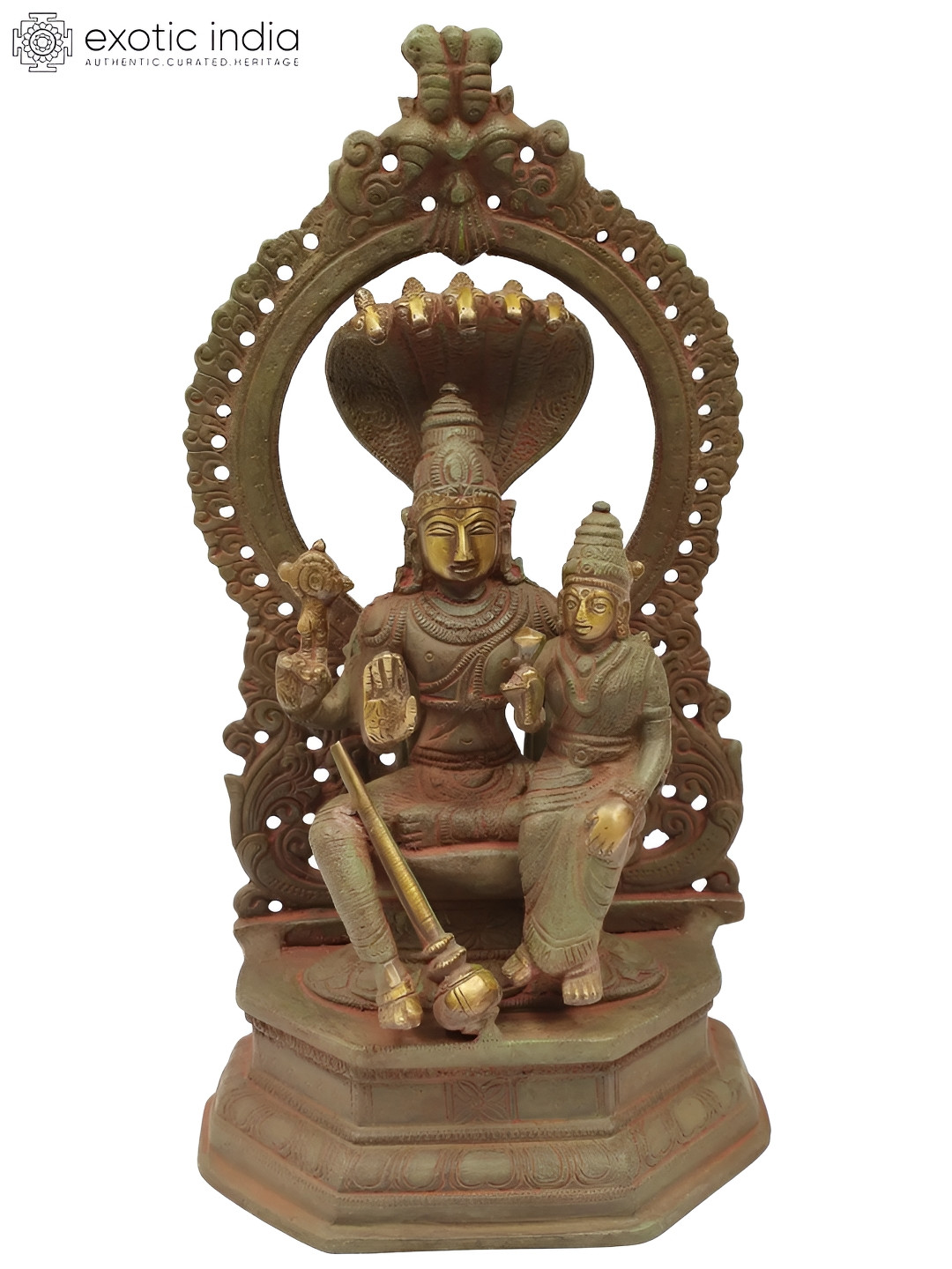 Exotic India Vishnu and Lakshmi Metallic Brass Prayer Room Hand Made Medium Showpiece - 10.2 Inches